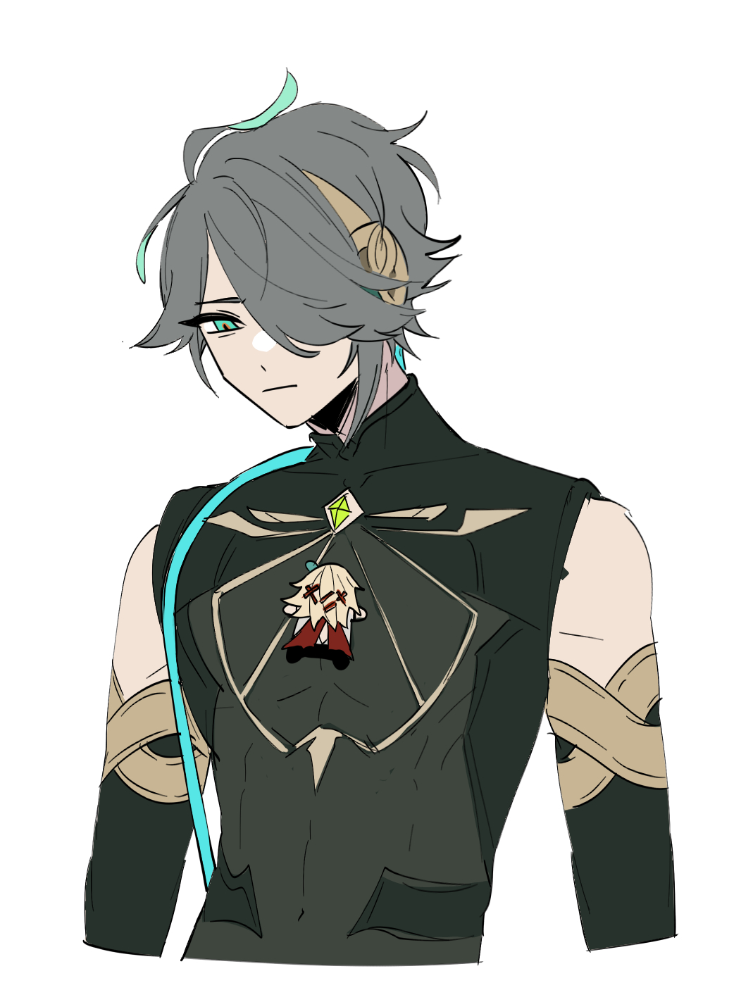 a drawing of a male anime character. he has gray hair and green eyes. he is wearing a black shirt with green accents and a small character of a girl in a red dress on the front. he is looking down and has a small smirk on his face. the image is a drawing with black outlines and filled in color.