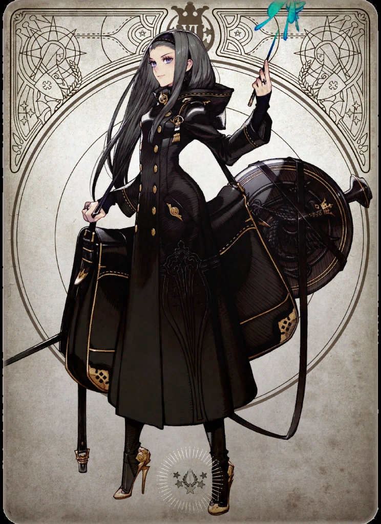 this digital artwork depicts a female character standing in a confident pose against a stylized tarot card background. she has long, dark hair and wears an elaborate, black, doublebreasted coat with gold accents. a large, round, black container, likely for carrying magical components, is strapped to her back. in her right hand, she holds a thin, blue staff that's emitting a small amount of magical energy. her left hand rests on the strap of a black bag with gold details. the overall aesthetic is dark and fantastical, suggesting a powerful magic user.