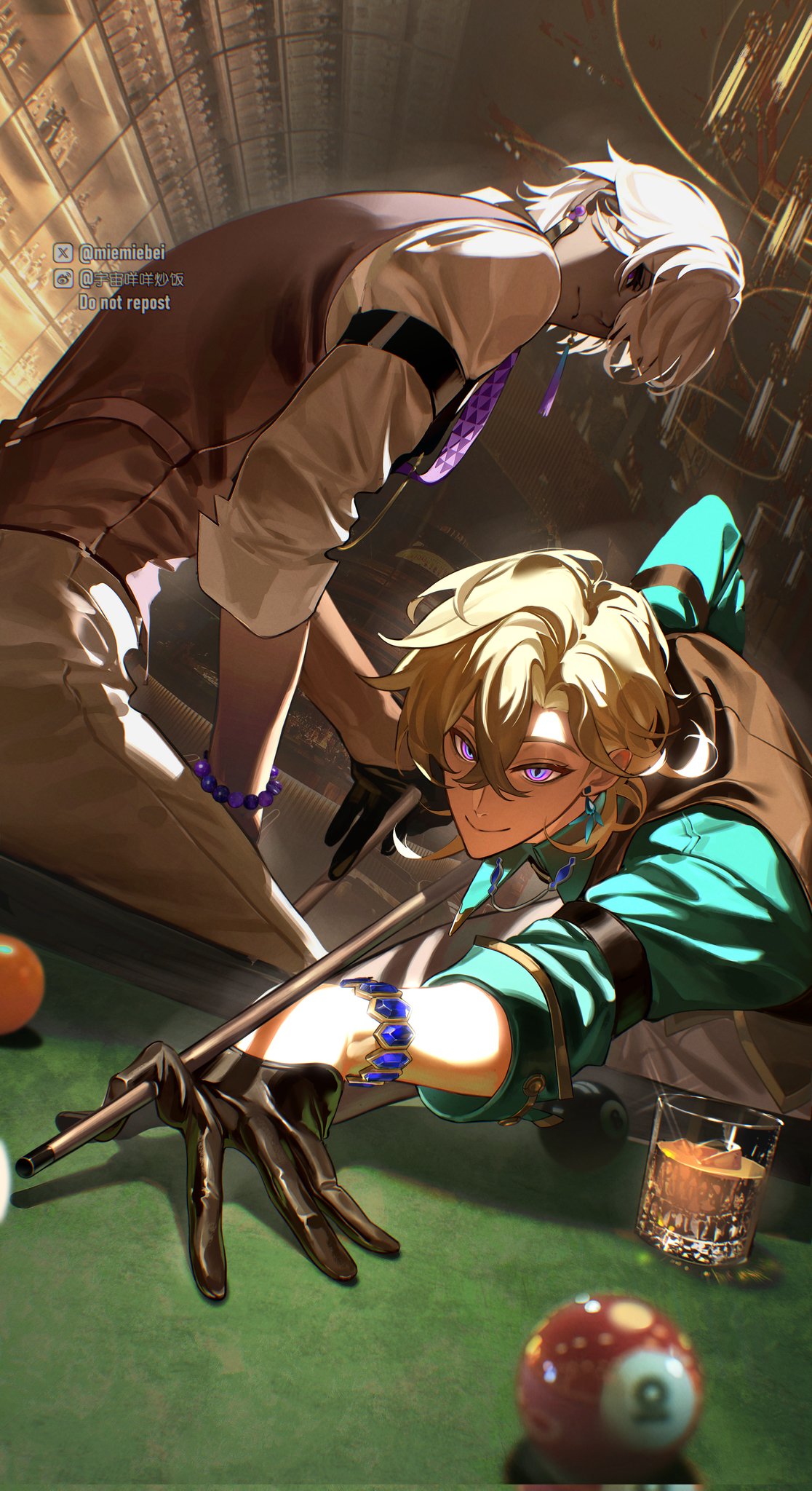 the image depicts an anime scene of two male characters playing pool. one of the characters has white hair with purple eyes, a brown jacket, brown pants, and brown shoes. he is wearing a purple bracelet and a purple earring. the other character has brown hair, a green shirt, black gloves, and a blue bracelet. he is  holding a pool stick and about to hit the ball. there is also a glass of whisky on the table in front of the characters. the image is set in a dimly lit room, with a pool table in the foreground and some blurry objects in the background.  the scene is very dramatic, with the characters looking intense and focused.
