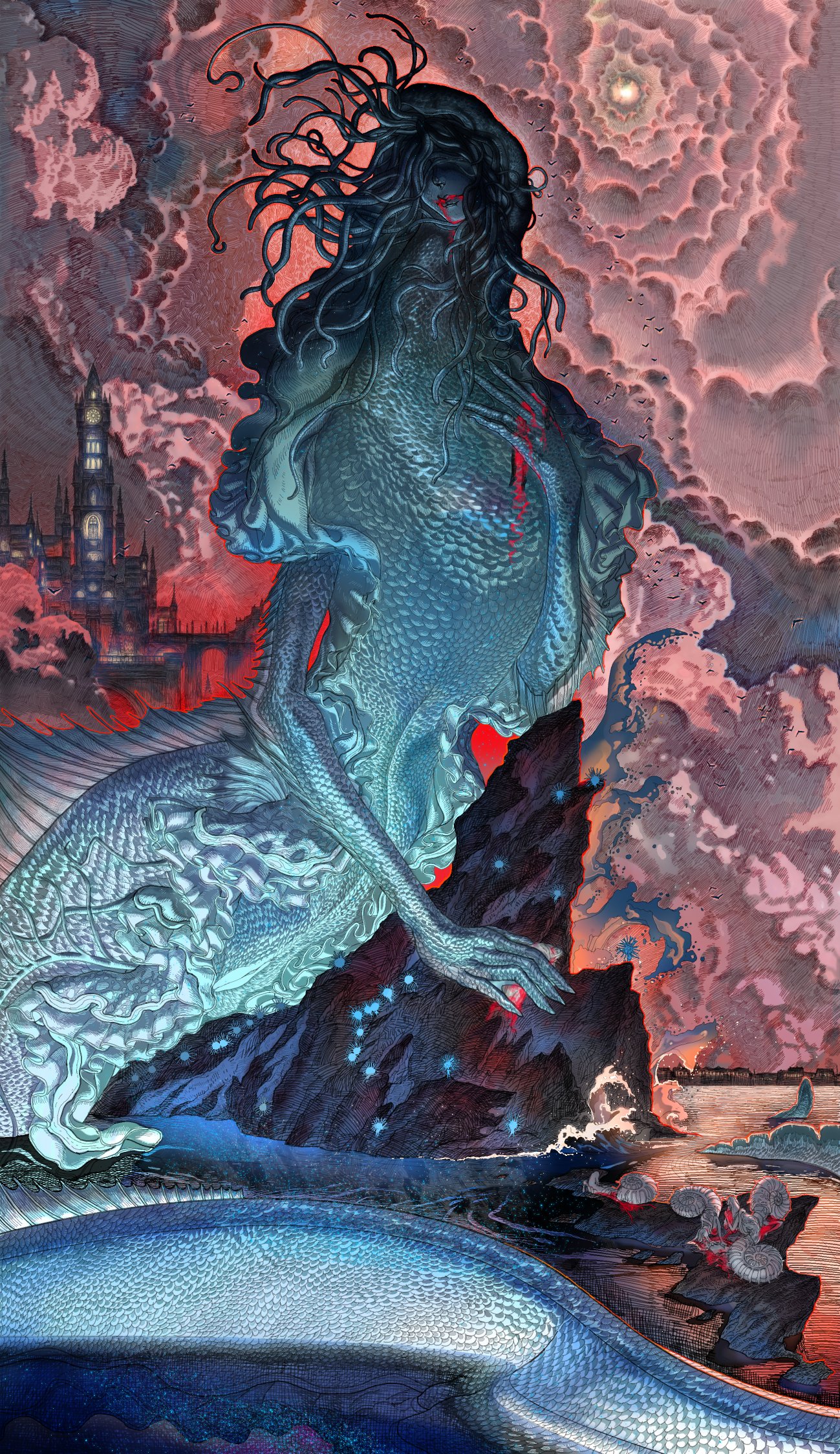 the image depicts a colossal mermaid rising from the sea amidst a raging storm. her expression is sorrowful, and a single drop of blood stains her chest. her lower half is a shimmering bluegreen, blending with the churning waters below. behind her, dark storm clouds are illuminated by an ethereal moonlight, casting an eerie glow on the scene. a distant city skyline can be seen on the horizon, dwarfed by the sheer scale of the creature. the overall tone is one of dark fantasy, emphasizing the power and tragedy of the mythical being.