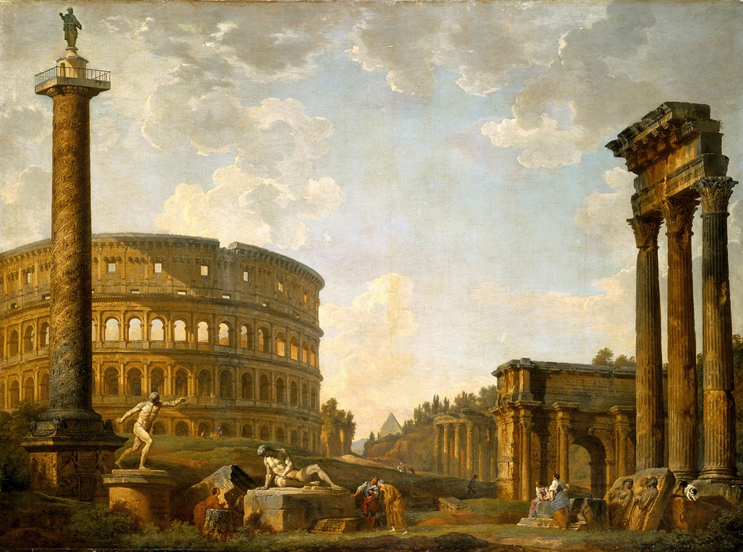 the image is a painting depicting a classical scene of ancient rome. in the foreground, there are statues and figures of people among the ruins. the colosseum is prominently featured on the left side of the painting, and a tall column with a statue on top stands near it. on the right, there are more ruined structures, including arches and columns. in the background, there is a landscape with more ancient buildings, and the sky is filled with clouds. the overall scene evokes a sense of historical grandeur and the decay of ancient civilization.