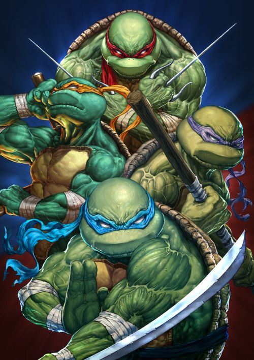 this image shows the four teenage mutant ninja turtles: leonardo, donatello, raphael and michelangelo, together, in an actionpacked pose. the four turtles are all ready for a battle, as they are all holding their signature weapons: leonardo with his katanas, donatello with his bo staff, raphael with his sai, and michelangelo with his nunchakus. the image is filled with energy and excitement.