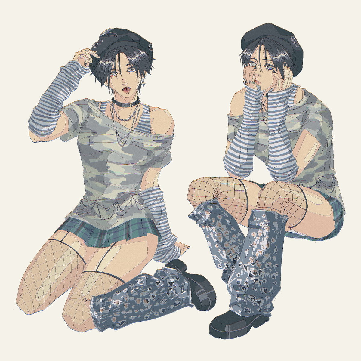 the image is a digital drawing featuring two depictions of a young woman with animeinspired features. she is dressed in a stylish, alternative outfit that blends elements of grunge and early 2000s fashion.  the outfit consists of a camouflagepatterned shirt, a plaid mini skirt, fishnet stockings, striped leg warmers, distressed denim boots and a beret. the character in the left pose is shown in a more active/ confident pose, while the character in the right pose is sitting thoughtfully.  the overall style is trendy and casual with a slightly edgy vibe. the art has a soft, slightly muted color palette.