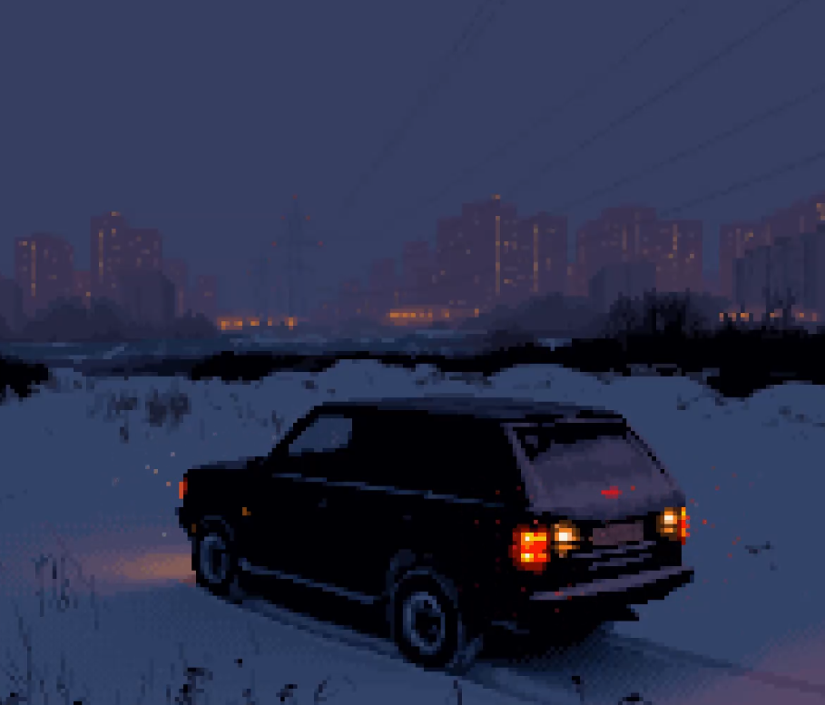 a pixel art image depicts a darkcolored car driving on a snowy road at night. city buildings with illuminated windows are visible in the background under a dark sky. a utility pole is also visible. the car's headlights and taillights are lit.