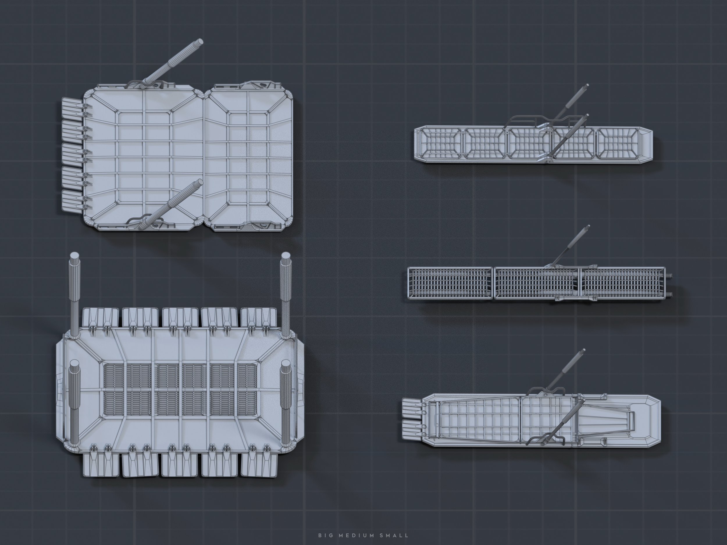 the image displays a series of 3d wireframe renderings of what appear to be modular platforms or docking stations, possibly for a spaceship or other futuristic vehicle.  there are three different sizes shown: large, medium, and small, each represented by a topdown view against a dark gray grid background. the design is clean and geometric, emphasizing the structural components.  the image is clearly a technical drawing or conceptual design visualization.