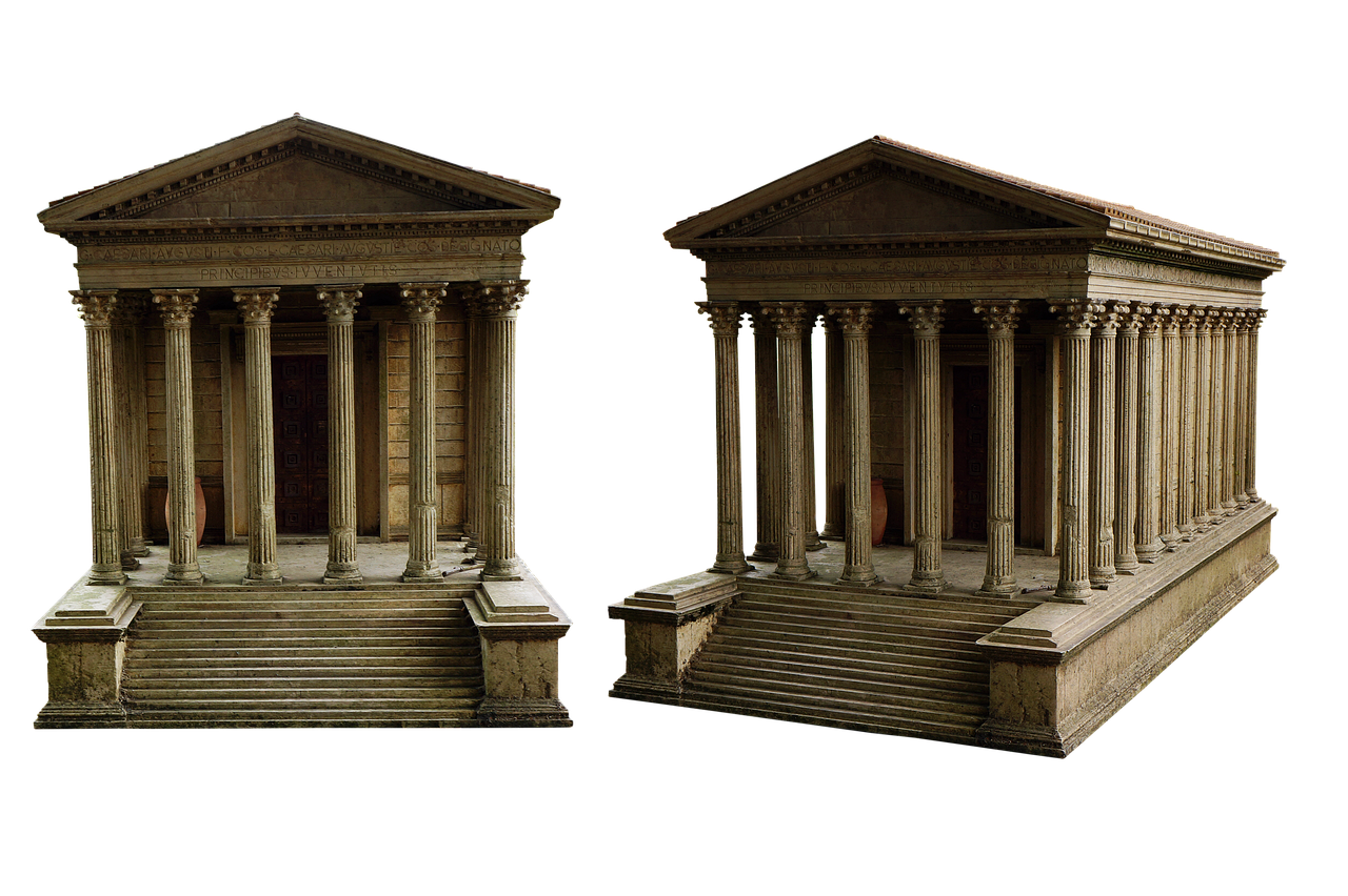 the image shows two romanstyle temples with columns and stairs. the temples have a classical architectural design and appear to be historic monuments. they are set against a black background.
