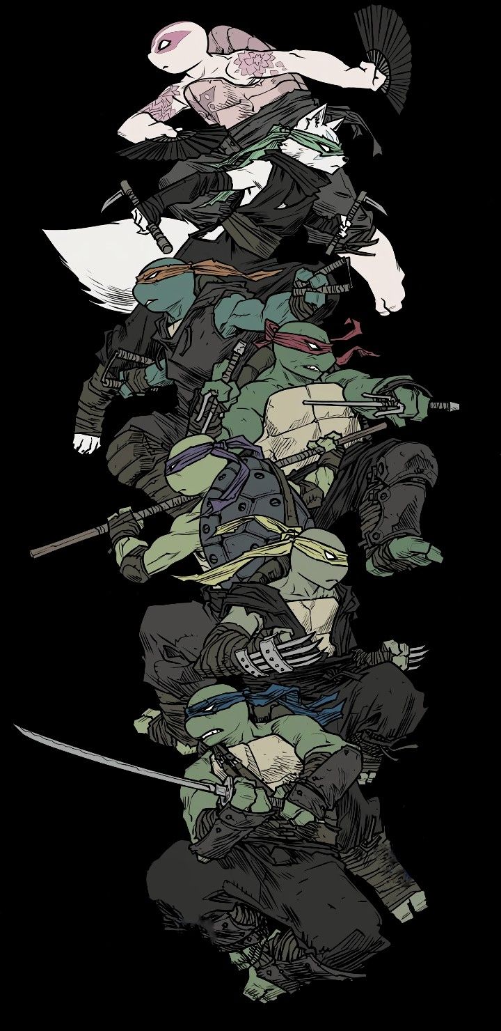this is an illustration of the teenage mutant ninja turtles standing in a row, from bottom to top. they are all in their iconic ninja attire, with their weapons at the ready. at the very top is splinter, the turtles' mentor, standing in his human form, with a traditional japanese fan in his hand. the turtles are all drawn in black and white, with bold outlines and shading. the background is black, which helps to create a sense of depth and contrast. the illustration is dynamic and exciting, capturing the action and energy of the teenage mutant ninja turtles.