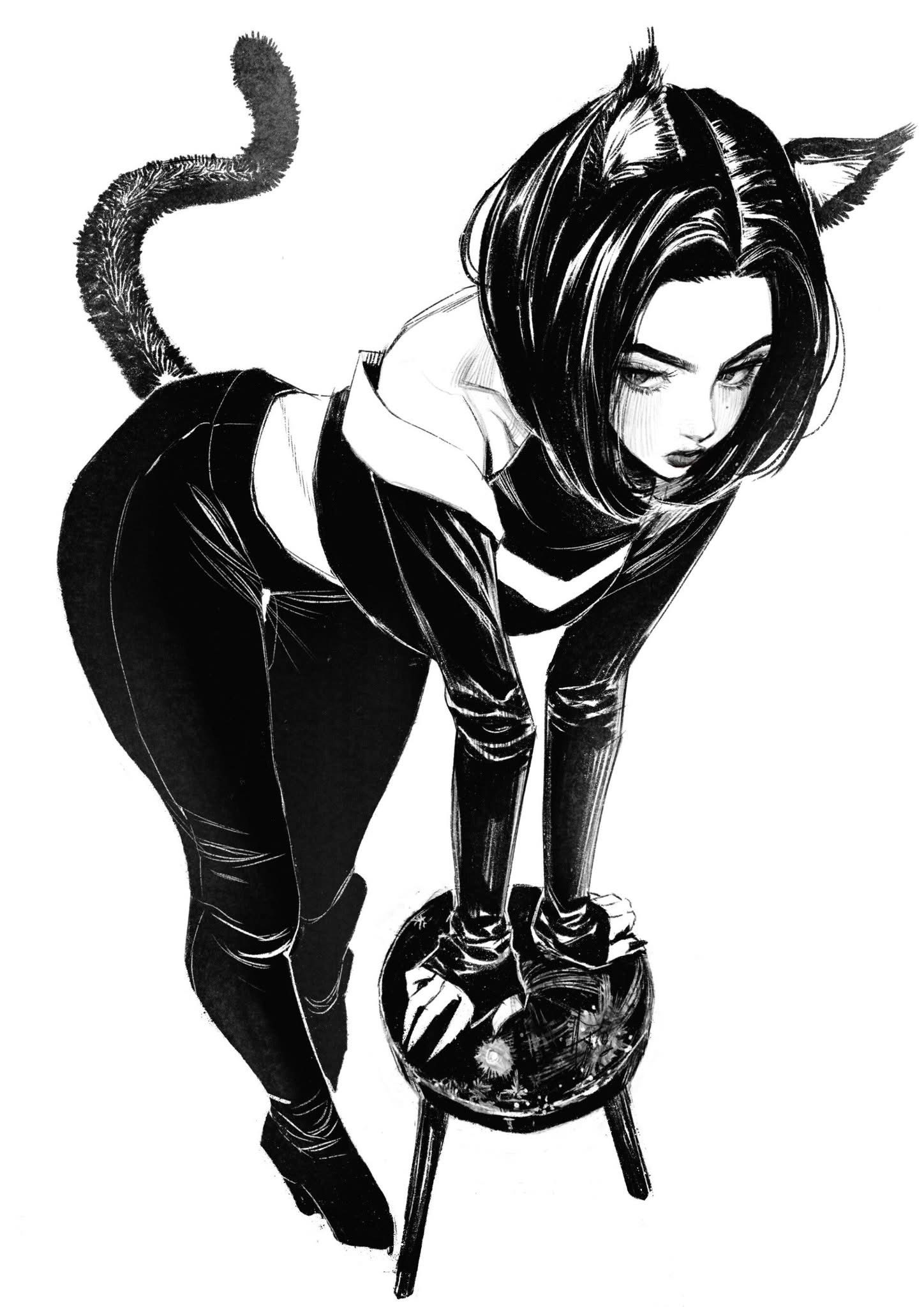 the image is a black and white illustration of a woman in a catthemed costume. she has cat ears and a tail. she is leaning forward, resting her hands on a small stool. the style is reminiscent of comic book art.