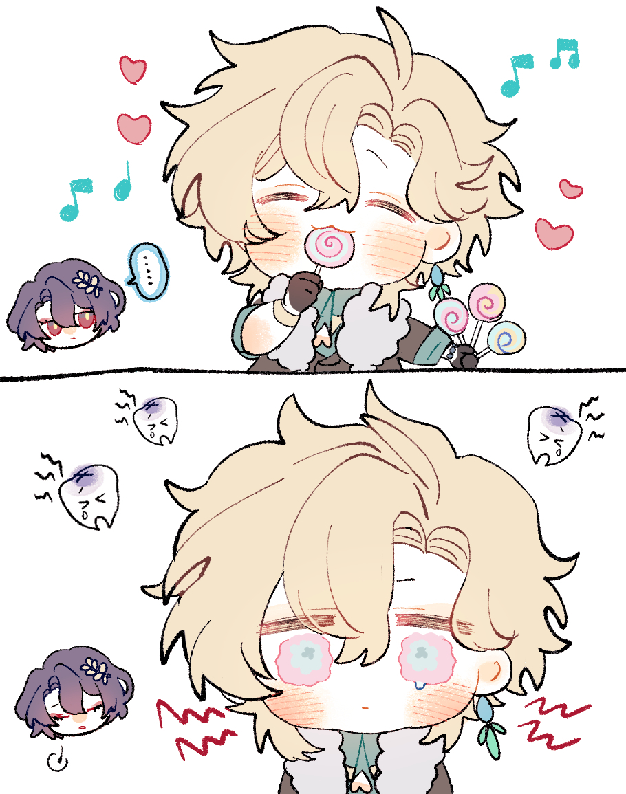 the image is a twopanel digital drawing featuring a chibistyle depiction of albedo, a character from the video game genshin impact.  in the first panel, albedo is happily enjoying a lollipop, surrounded by musical notes and hearts, suggesting a joyful moment. a smaller chibi character is shown in the background, seemingly observing.the second panel shows albedo with a shocked/surprised expression. his eyes are wide, and there are small swirling designs around them, indicating discomfort or pain.  there are also cartoon drawings of teeth, suggesting a possible toothache. the overall expression changes from happy to distressed. the art style is consistent throughout, maintaining a cute and soft aesthetic with rounded features and pastel colours.