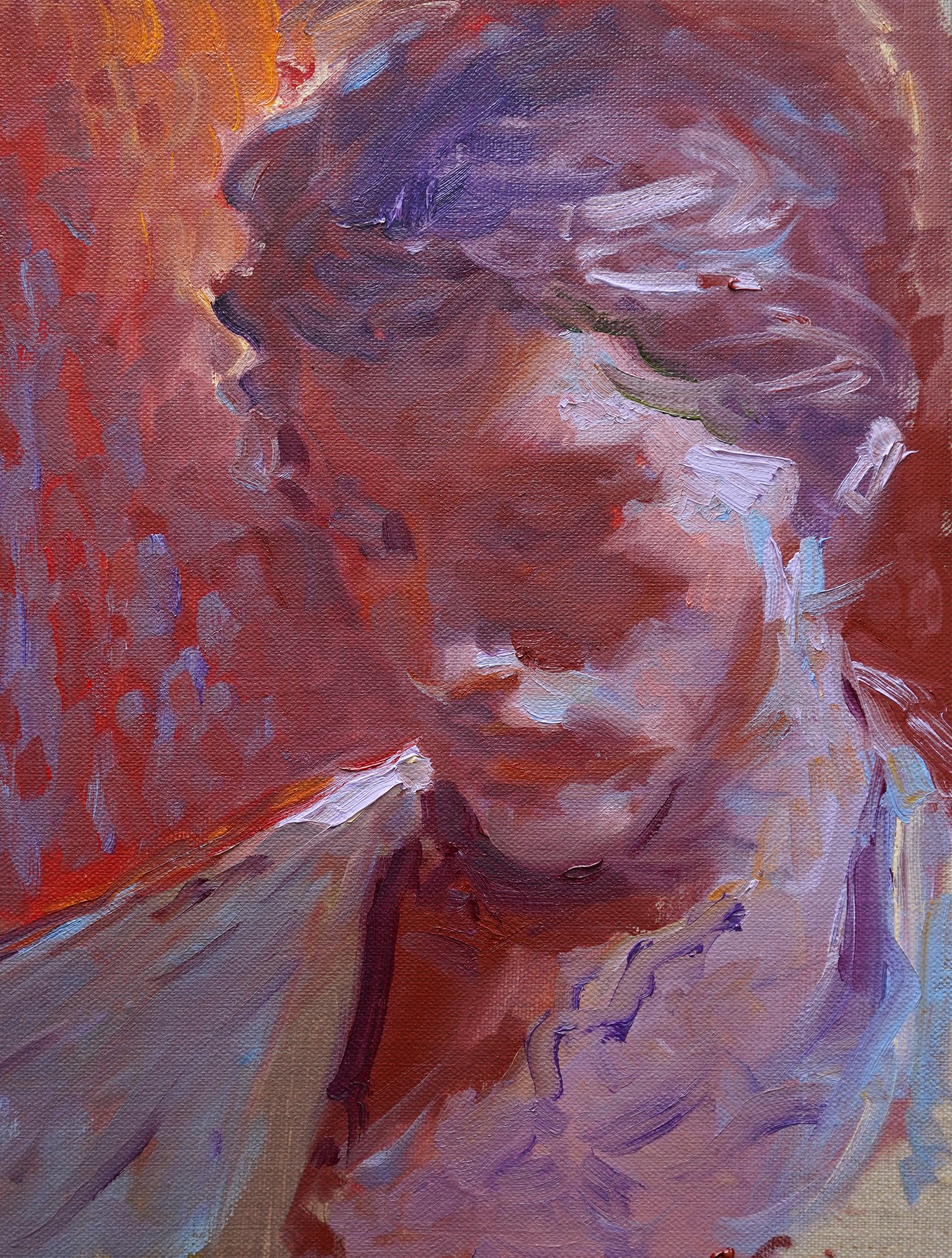 a closeup oil painting of a woman's face, rendered in a loose and expressive style. the woman's eyes are closed and her face is turned downward, suggesting a sense of sadness or contemplation. the painting is dominated by shades of red, purple, and blue, creating a warm and moody atmosphere. the brushstrokes are visible and add to the painting's textured and abstract quality.