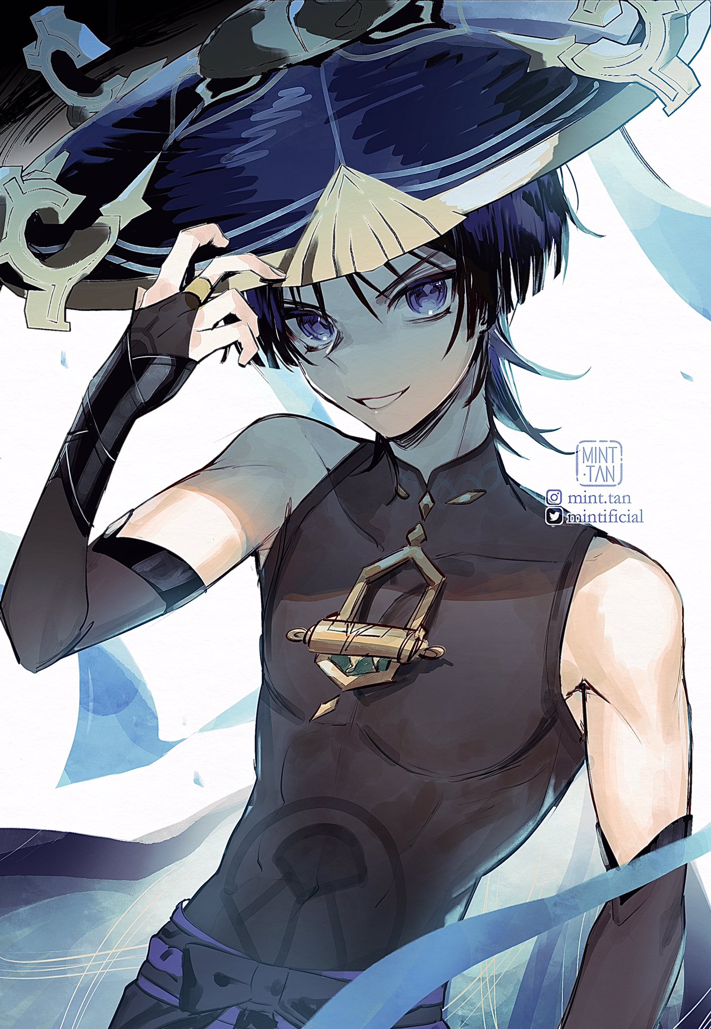 this is a digital art piece of an anime male character with black hair and blue eyes. he is wearing a black and gold outfit and a purple hat. he is looking off to the side and has a smirk on his face. he is depicted in a white background with blue streaks coming out from his body and  a white banner with a social media handle in it.