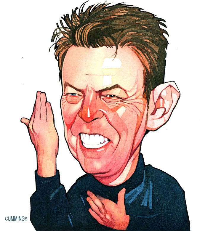 a watercolor caricature of david bowie, showing him smiling with a hand raised and another placed on his chest. he has one blue eye and one brown eye, and his hair is styled upwards. he is wearing a dark blue or black shirt.