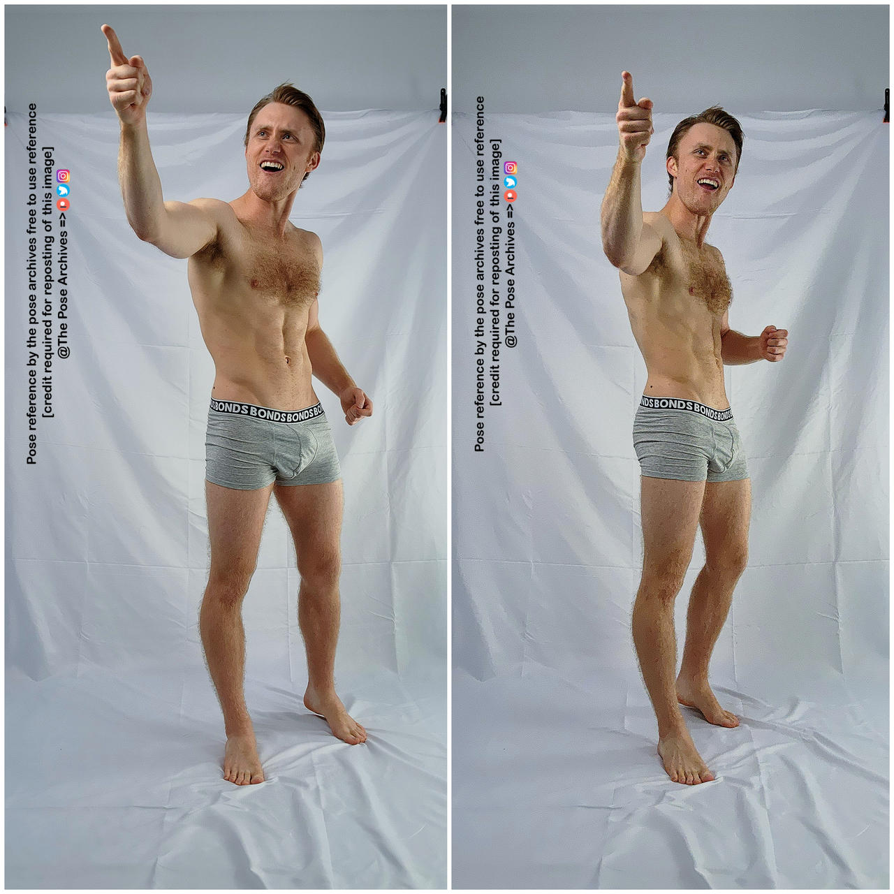 a caucasian male model with short brown hair and a lean build is shown in two nearly identical poses against a white backdrop. he is wearing only grey boxer briefs and is pointing enthusiastically with his right hand while looking in that direction. his mouth is open in what appears to be a smile or a laugh. in the left image, his weight is on his right leg, while in the right image, his weight is on his left leg.  the images appear to be intended as references for artists.