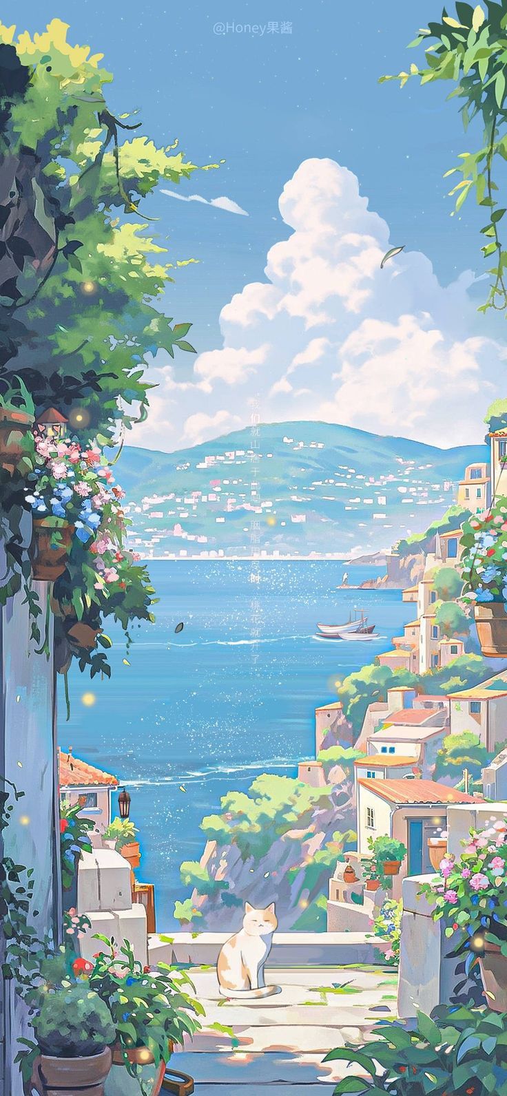 an animestyle view of a city along the coastline, with a cat sitting on the steps. houses and buildings are perched on the cliffs, with mountains visible in the background. the sky is blue with fluffy white clouds, and greenery surrounds the structures. there's also water and boats visible, creating a peaceful, scenic landscape.