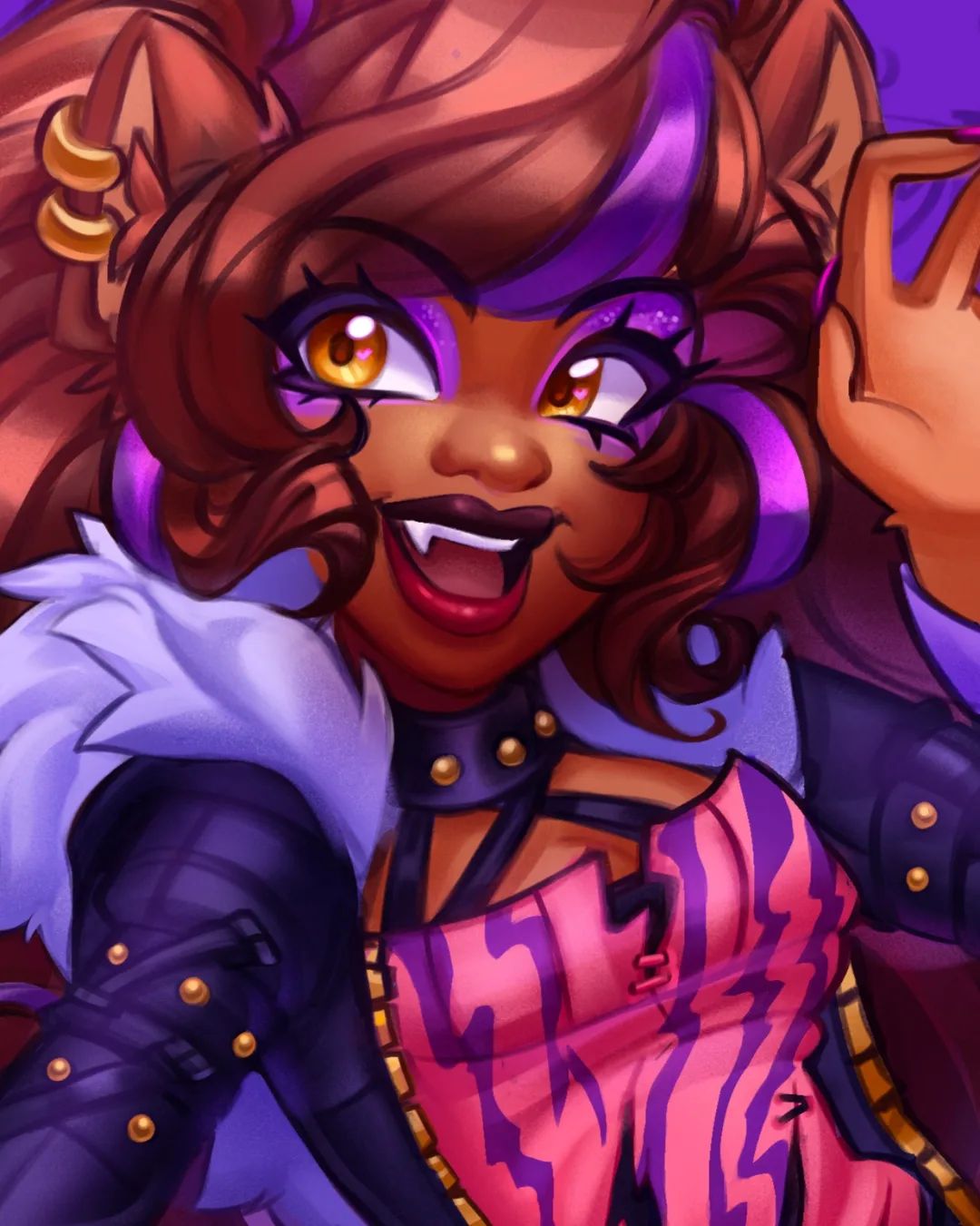 the image is a vibrant, closeup digital fanart depicting clawdeen wolf from monster high. she's portrayed in a stylized, cartoonish manner with exaggerated features. clawdeen has her characteristic brown skin, purple streaks in her brown hair, and sharp fangs visible in a playful, slightly mischievous grin. she's wearing a punkinspired outfit consisting of a black leather jacket adorned with gold studs, a pink and purple striped top, and gold earrings. her expression is fierce and energetic. the art style is bold and saturated, employing vibrant colors that enhance her character's personality. the background is blurry and indistinct, focusing attention on clawdeen herself.