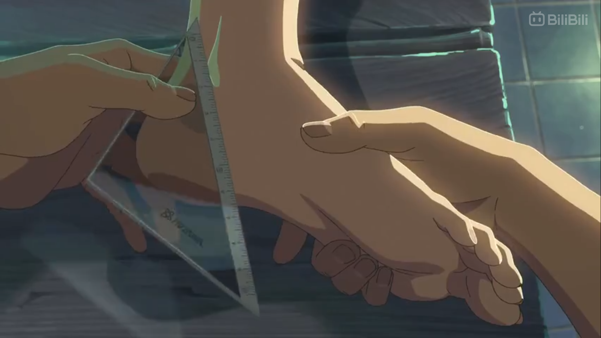 the image focuses on a closeup interaction between two individuals. one person gently holds another's foot, using a transparent triangular ruler to presumably measure it. the setting appears to be indoors, with a wooden floor and a partially visible tiled wall. the lighting is soft and natural, casting warm shadows and highlighting the connection between the two people. the perspective emphasizes the intimacy and care involved in the act of measurement.