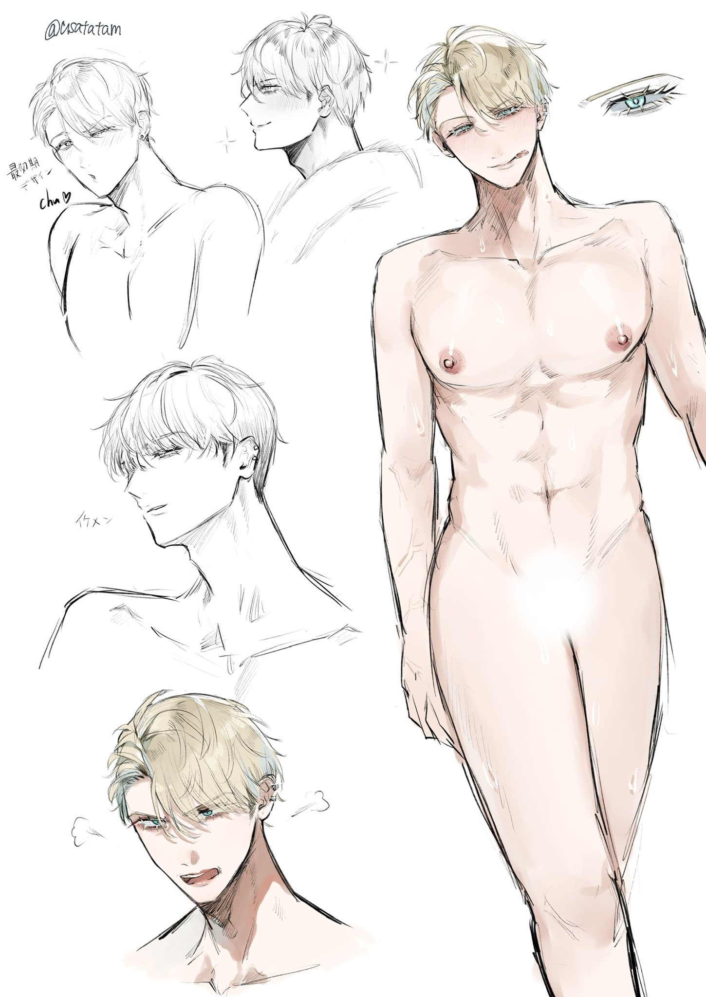 the image is a collection of sketches depicting a male anime character in various poses and hairstyles.  the sketches range from clothed headshots and partially clothed torso sketches to a fully nude fullbody pose. the style is light and sketchy, with soft lines and shading.  different hair styles and facial expressions are explored. the overall impression is a character design study, possibly for an anime or manga project.  the artist's watermark "@xorta_tam" is present in the top left corner.