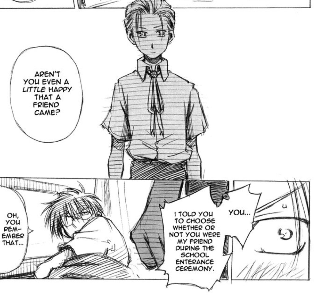 he image is a mangastyle comic strip depicting a scene with two teenage boys. the art style is monochrome with sketchy lines. the first panel shows a boy in a school uniform, seemingly unimpressed by the arrival of a friend. the second panel shows the friend, looking dejected or tired. the dialogue bubbles reveal a conversation about their friendship status. the overall mood is slightly melancholic and introspective.
