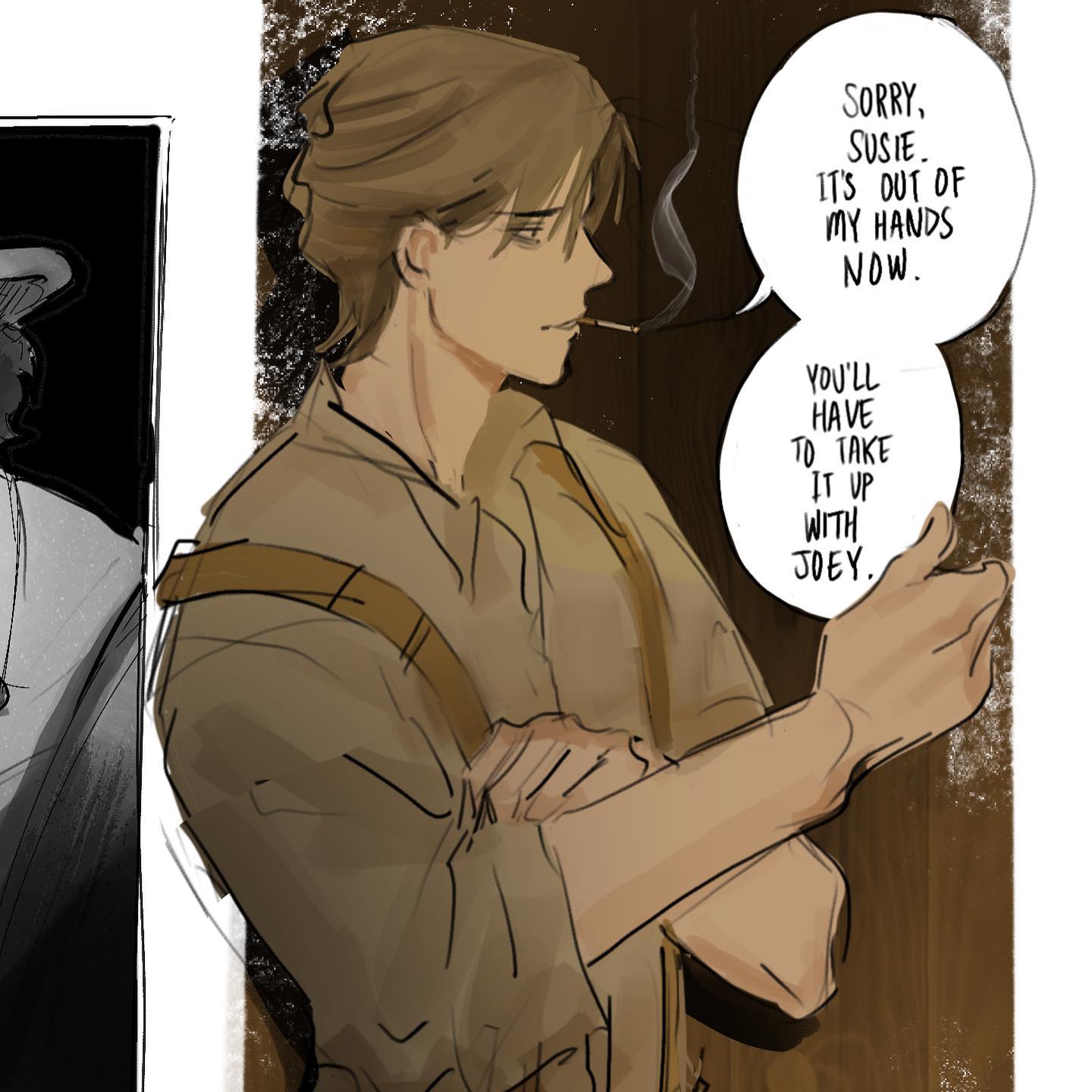 a comic panel showcasing a tense conversation between two men. a man with slickedback hair and a cigarette delivers bad news. his expression suggests frustration and resignation as he tells "susie" the situation is no longer under his control. the lighting is muted, highlighting the somber mood. the warm tones and the man's attire hint at a western or noir setting.