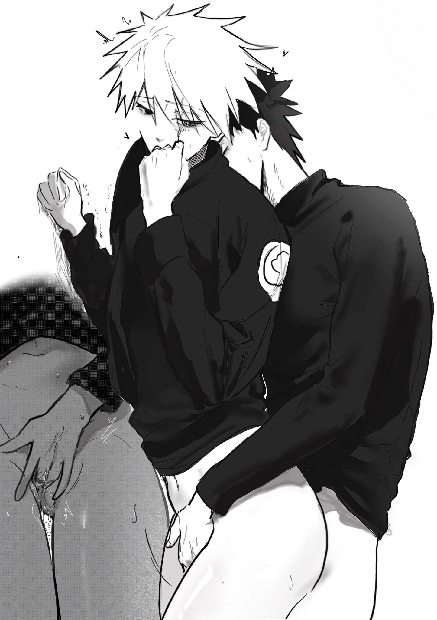 the image is a grayscale animestyle drawing depicting two young men in a close, intimate embrace. one has spiky, lightcolored hair and is leaning against the other, who has darker hair.  they are both wearing dark, loosefitting clothing. the pose and body language strongly suggest a romantic or sexual relationship, with the positioning and contact between them being suggestive. the overall style is reminiscent of yaoi manga.  the drawing style is fairly loose and sketchy, not overly detailed, contributing to the sensual atmosphere.