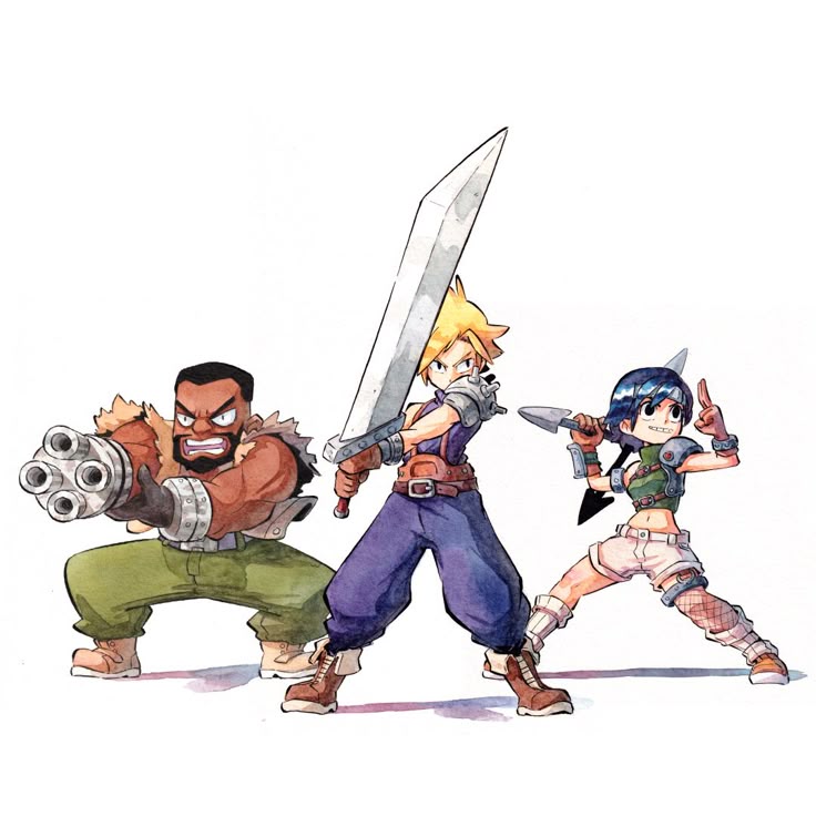 a watercolor fanart illustration of cloud strife, barret wallace, and yuffie kisaragi from final fantasy vii. cloud is in the middle, wielding the buster sword, barret is on the left with his gatling gun arm, and yuffie is on the right with a shuriken. the artwork is in a cartoon anime style.