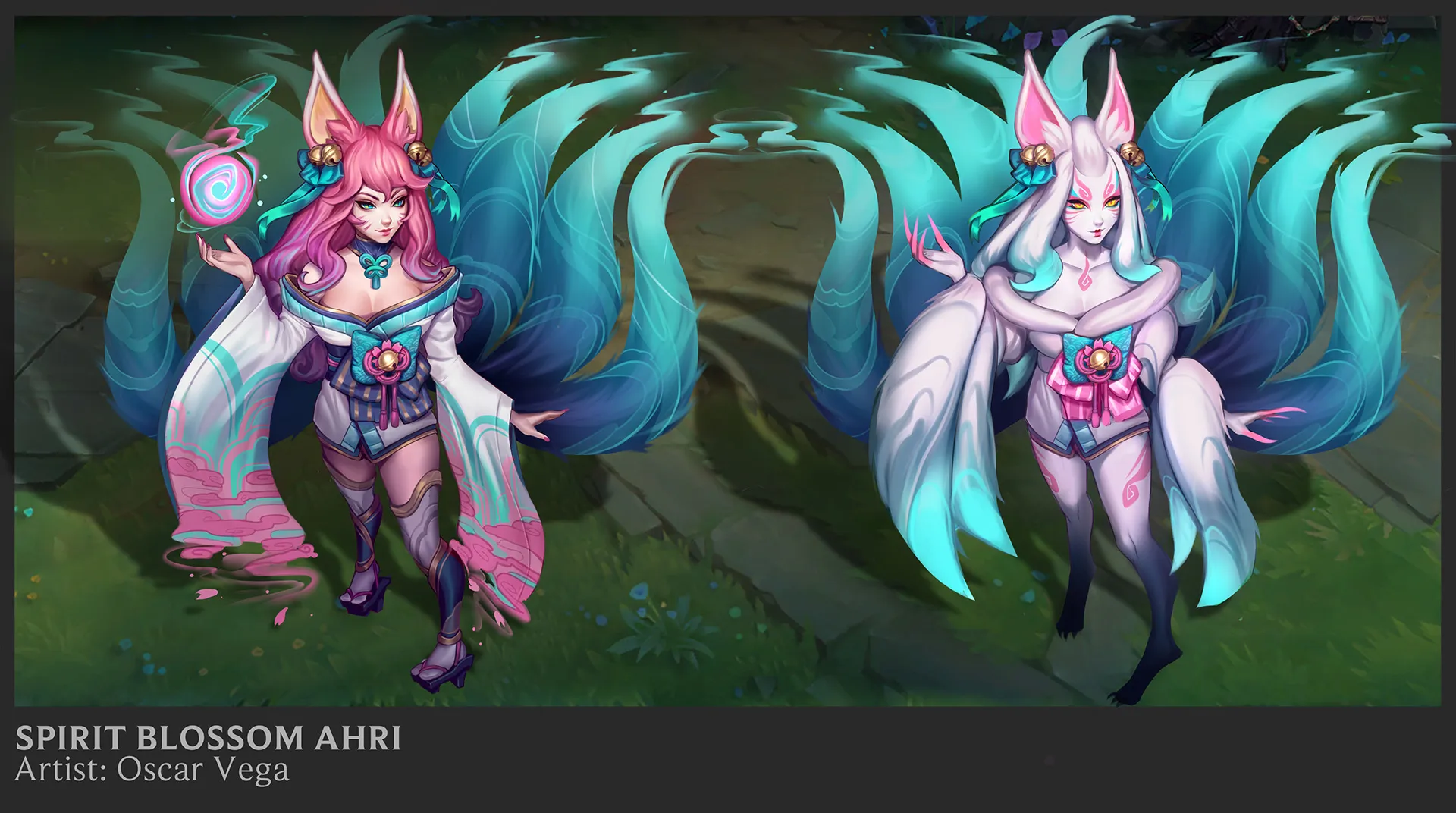 the image showcases concept art for the "spirit blossom ahri" skin from the video game league of legends.  it features two distinct variations of the character: one with vibrant pink and teal accents and another in white and teal.  both versions depict ahri, a ninetailed fox, in a beautiful kimonolike outfit with flowing, ethereal tails that glow with an iridescent teal light.  ahri holds a glowing orb in one version, highlighting her magical abilities. the art style is anime/mangainspired, featuring detailed clothing, expressive character design and a lush background. the artist, oscar vega, is credited in the bottom left corner.