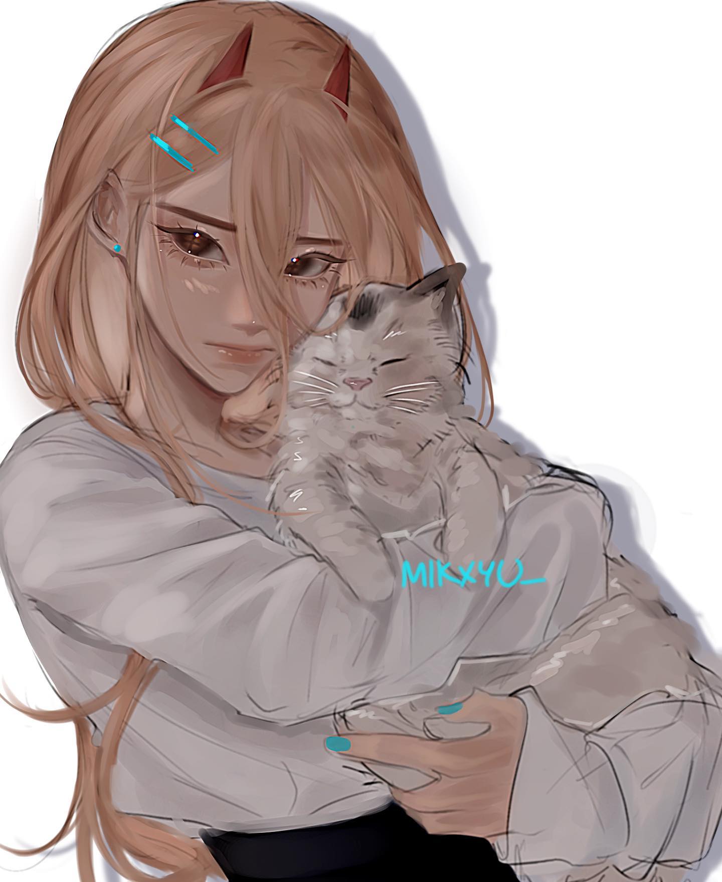 the image is a digital painting or illustration of an animestyle girl with long blonde hair and small devil horns. she's softly holding a light grey and white kitten close to her chest. the girl has pale skin, brown eyes, and is wearing a light beige or offwhite longsleeved shirt. her nails are painted a light teal or aqua color. the overall style is soft, gentle, and cute, with pastel coloring and a light background.  the artist's signature, "mikxyu_", is subtly placed on the girl's shirt.