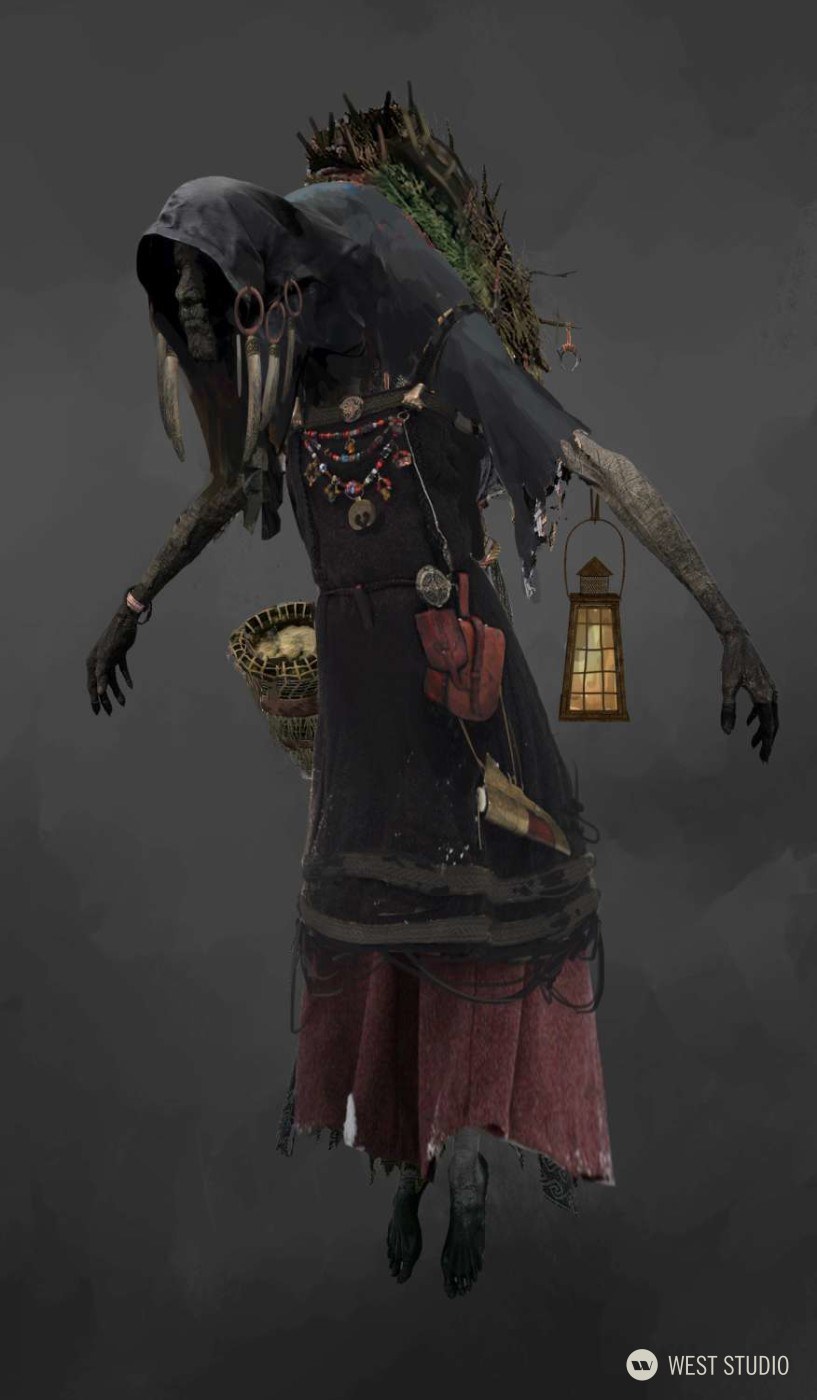 this digital illustration is a character design for what appears to be a witch or hag. the female figure has pale gray skin and wears a dark hooded cloak with tattered edges. she carries a variety of items, including a lantern, a basket, and a staff adorned with bones. her clothing suggests a connection to nature and a life of hardship. the overall mood is dark and mysterious.