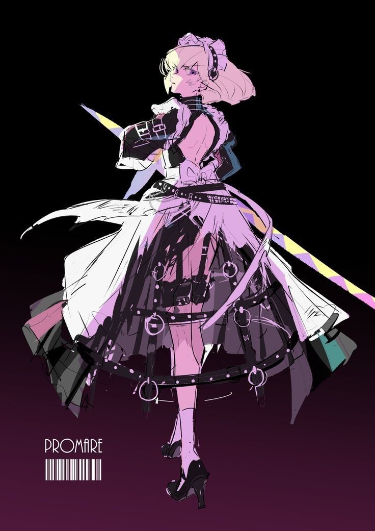 the image showcases a stylized animestyle female character, possibly fanart from promare, seen from behind. she's dressed in a unique outfit that blends a maid dress with punk elements: a white and black dress with a dark, layered skirt featuring rings and straps, accessorized with black heels. the character has blonde hair styled in a way that resembles a maid's cap, and she holds a long, yellowtipped weapon resembling a spear or pole. the overall aesthetic is dark, incorporating purples and blacks, with hints of white in the dress. the style of the artwork is loose and dynamic, suggesting a sketch or digital painting with visible brush strokes. the "promare" label further points to a potential connection to the anime/movie.