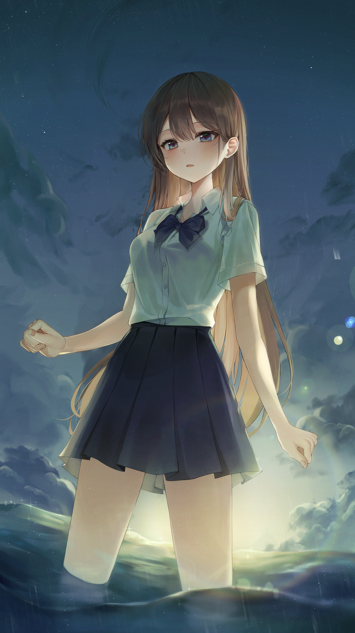 the image showcases a lovely anime schoolgirl with long brown hair and blue eyes. she's dressed in a classic school uniform: a light teal shirt tied with a dark bow and a dark blue pleated skirt.  the girl stands in shallow ocean water, the sunset casting a warm glow on the scene. the background features a twilight sky with soft clouds, adding to the tranquil mood.  the overall style is soft, dreamy, and painterly. the girl's expression is gentle and pensive.