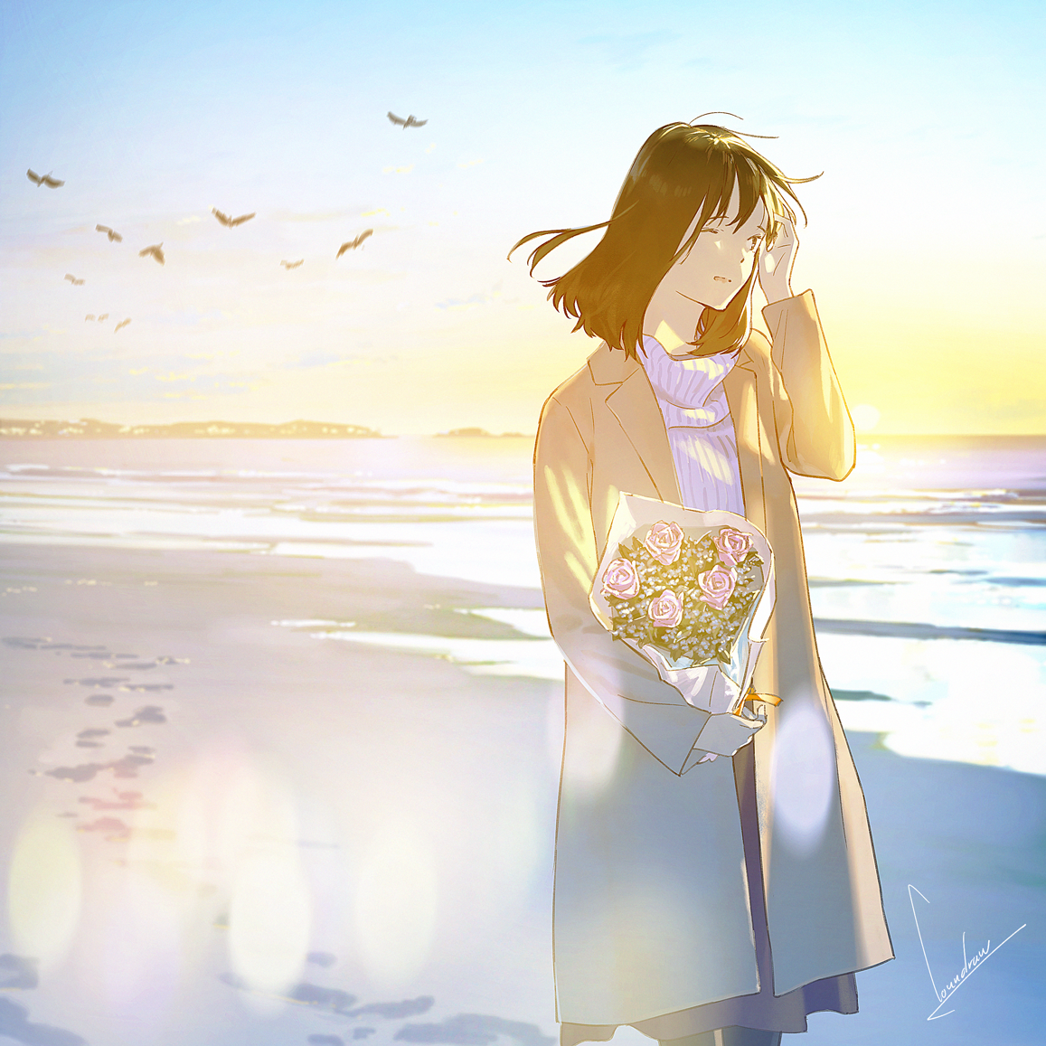he image is a digital painting or illustration depicting an animestyle girl standing on a beach at sunset. she is wearing a long beige coat and holding a bouquet of pink and white roses. the ocean is calm, with gentle waves lapping the shore. birds are flying in the sky, and there are footprints in the sand. the overall mood is serene and slightly melancholic. the lighting is soft and pastelcolored, contributing to the peaceful atmosphere. the girl's expression is pensive, and she seems lost in thought. the background is a beautiful sunset over the ocean.