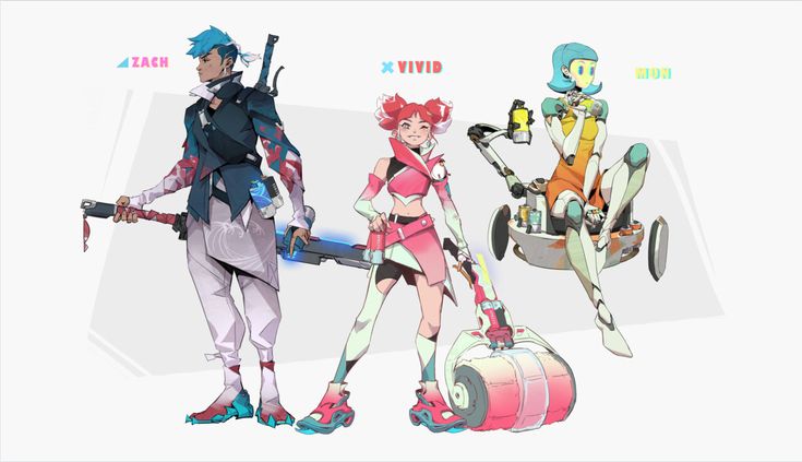 the image showcases concept art of three distinct characters, likely for a video game or anime.  the style is vibrant and stylized, blending elements of anime, cyberpunk, and fantasy. zach: a male character with teal hair, wearing a modern, somewhat japaneseinspired outfit, wielding a futuristic swordlike weapon.  his clothing features a mix of dark and light tones with patterns. vivid: a female character with pink hair styled in buns, wearing a bright pink and white outfit reminiscent of sporty athletic wear.  she's holding a futuristic weapon that looks like a large canister with an attached propulsion system. rioh: a female character with teal hair, in a more robotic, almost cyborglike appearance, sits on a small, futuristic vehicle/robot.  her attire is a simplistic orange dress with white robotic legs and arms.the characters are rendered in a dynamic style, each with expressive poses, hinting at action and personality. the overall color palette leans toward vibrant pinks, teals, and whites.  the background is a simple, light grey to emphasize the characters. each character is also labeled with their name.