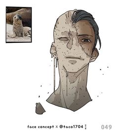 the image presents a stylized concept art drawing of a man's face morphing with a seal. the man's features are partially obscured by a layer of textured, seallike skin, with his right eye visible and staring directly at the viewer. there's a sense of transformation and a surreal, monstrous quality to the image, suggesting a hybrid creature.  a smaller, separate sketch of a seal's face is positioned above the main drawing, potentially serving as inspiration. the overall palette is muted and earthy.