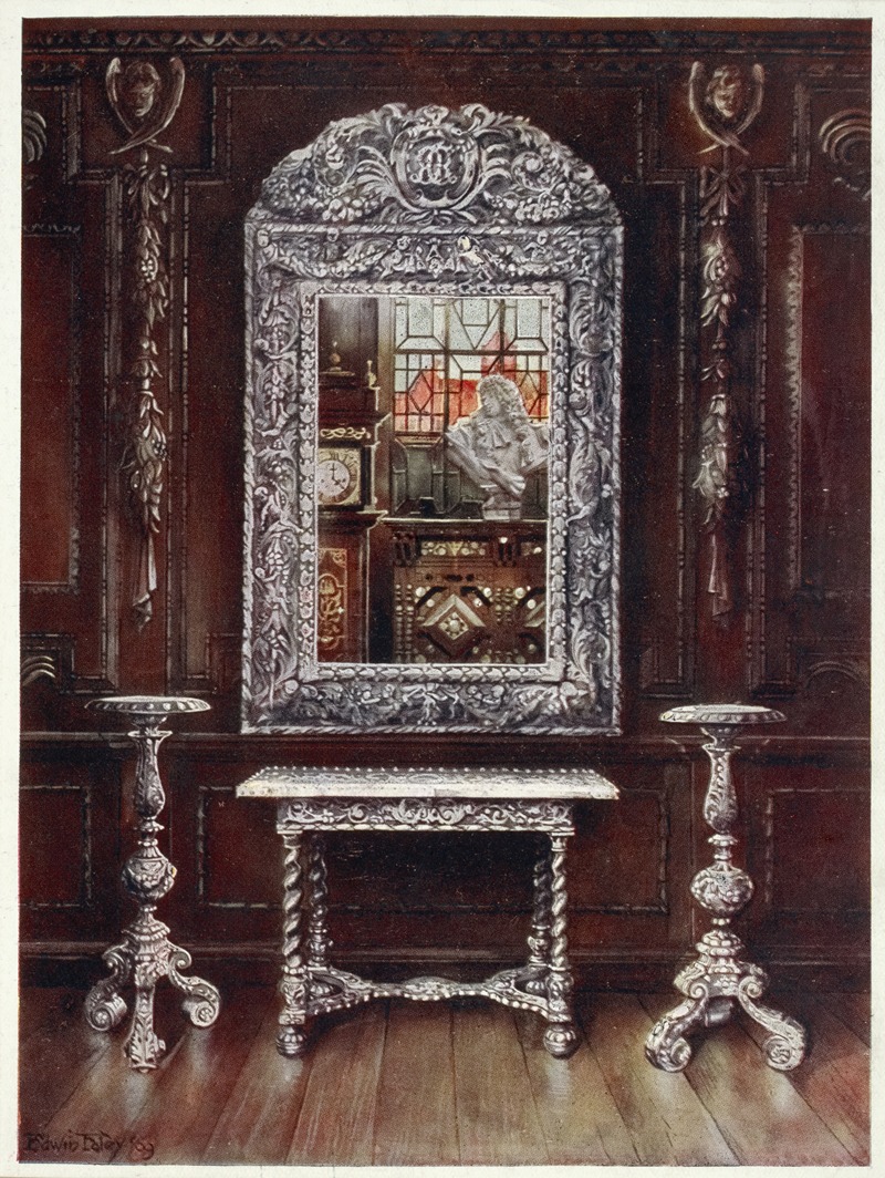 the image shows an interior scene featuring a silverframed mirror above a small table, flanked by two silver pedestals. the mirror reflects a bust, a clock, and stained glass windows. the walls are covered in dark wood paneling adorned with decorative carvings. the table and pedestals are intricately designed in a matching silver finish. the floor is made of wood, and the overall scene evokes a sense of antique elegance.