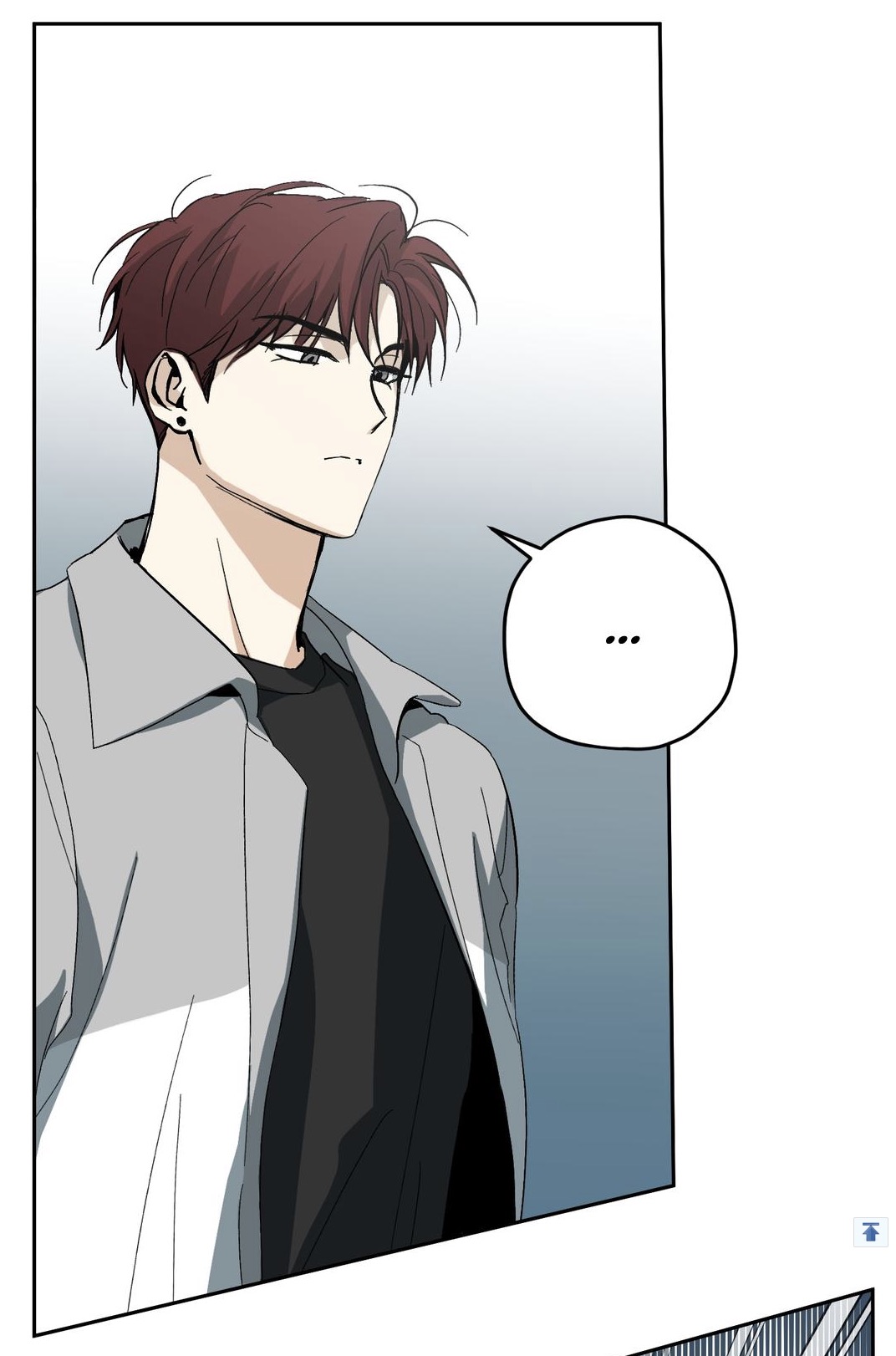 he image is a closeup shot of a young male character from a manhwa (korean comic). he has reddishbrown hair, styled in a somewhat messy yet stylish manner. he is wearing a light gray jacket over a darkcolored shirt. a small earring is visible in his left ear.  his expression is serious and thoughtful. a speech bubble with three ellipses (...) suggests unspoken words or contemplation. the art style is typical of modern manhwa and webtoons, with clean lines and a focus on character design. the background is a muted bluegray gradient.