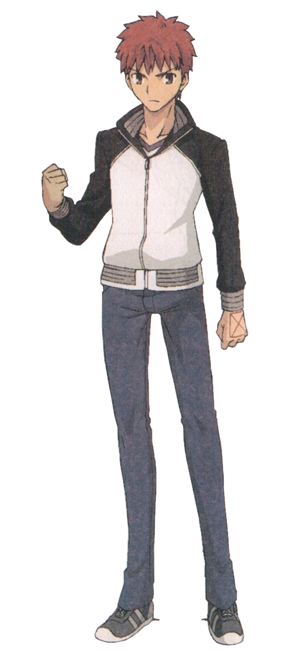 this is a fullbody illustration of shirou emiya from fate/stay night in casual clothing. he's a young man with spiky red hair, wearing a darkcolored jacket over a white zipup shirt, blue jeans, and sneakers. he has a slightly serious expression and a clenched fist, suggesting a determined or slightly aggressive posture. the style is reminiscent of anime character design, with clean lines and a focus on the character's expression and stance. the background is transparent, allowing for easy use in various contexts.