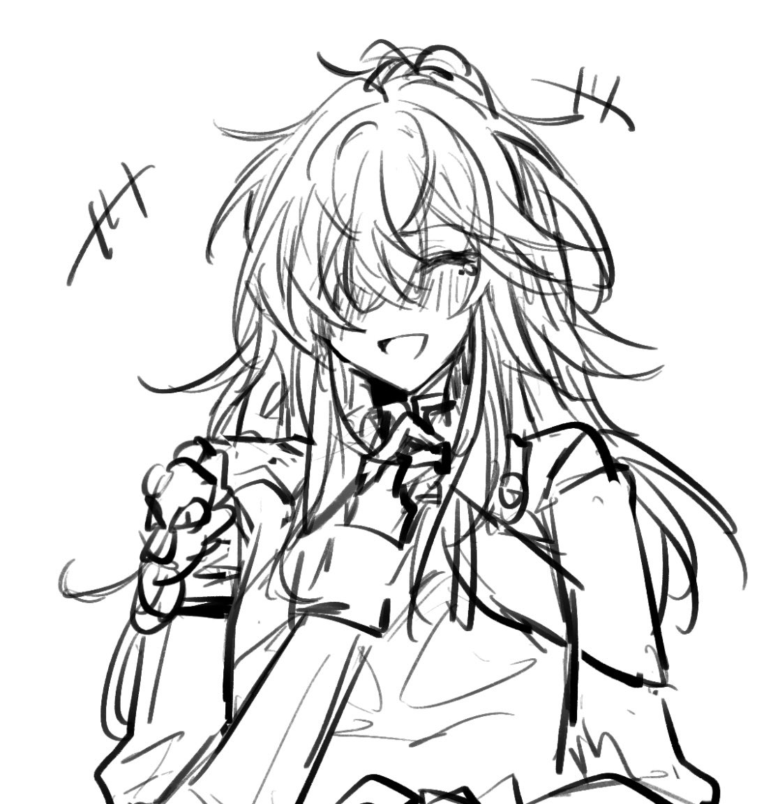 a sketch of a girl with long hair smiling with her eyes closed and her hand covering her chest.