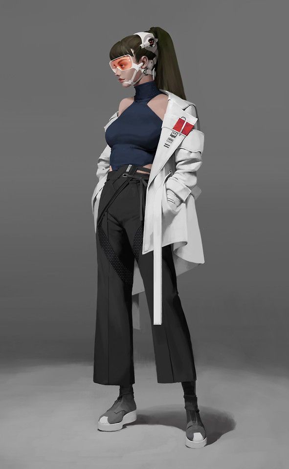 a fullbody portrait depicts a female character dressed in futuristic attire. she has brown hair styled with a ponytail and blunt bangs, and she wears a visor over her eyes. her outfit includes a white coat, a blue turtleneck top, and black pants held up by a belt and suspenders. she stands with her weight evenly distributed, her arms relaxed. the character is set against a neutral grey background.