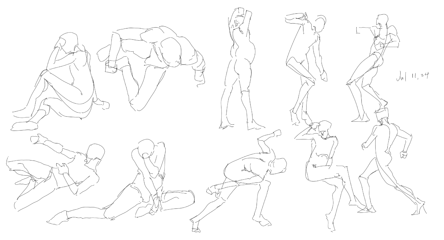 this image is a collection of figure drawing sketches. these appear to be quick gesture drawings that focus on capturing the movement and form of the human body in various poses.