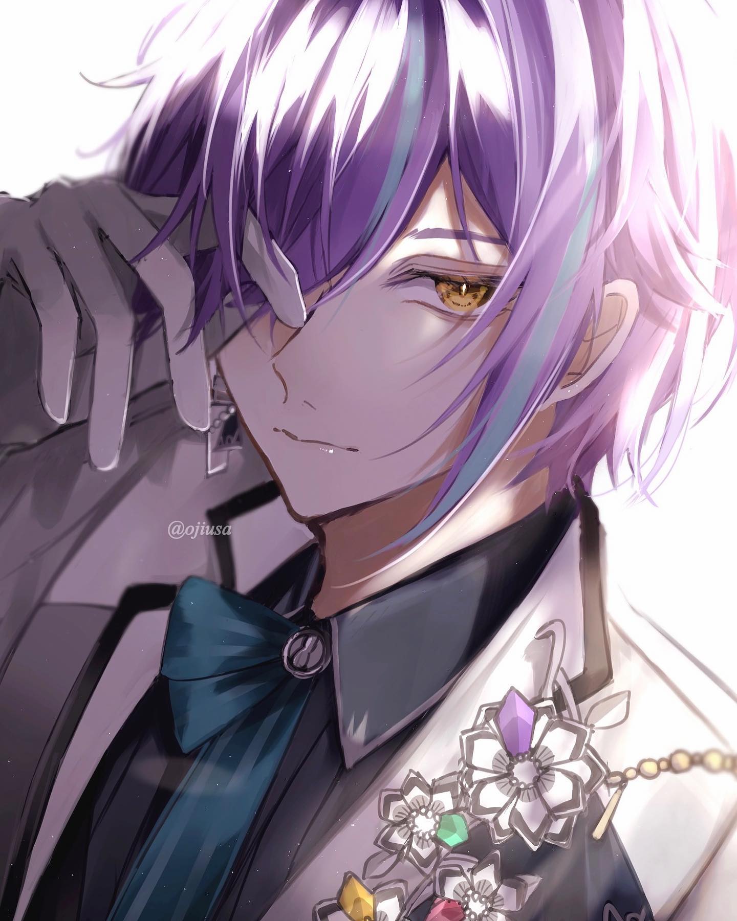 the image is a closeup portrait of a stylish anime boy. he has long, purple hair with teal highlights and is wearing an eye patch over his left eye. he's dressed in elegant formal wear, including a white glove, a dark suit, a teal bow tie, and a brooch with jeweled flowers. the art style is soft and detailed, with a focus on the character's features and clothing. the overall mood is sophisticated and slightly mysterious. the background is mostly white, drawing attention to the character.  the artist's watermark, @ojitusa, is subtly placed on the image.