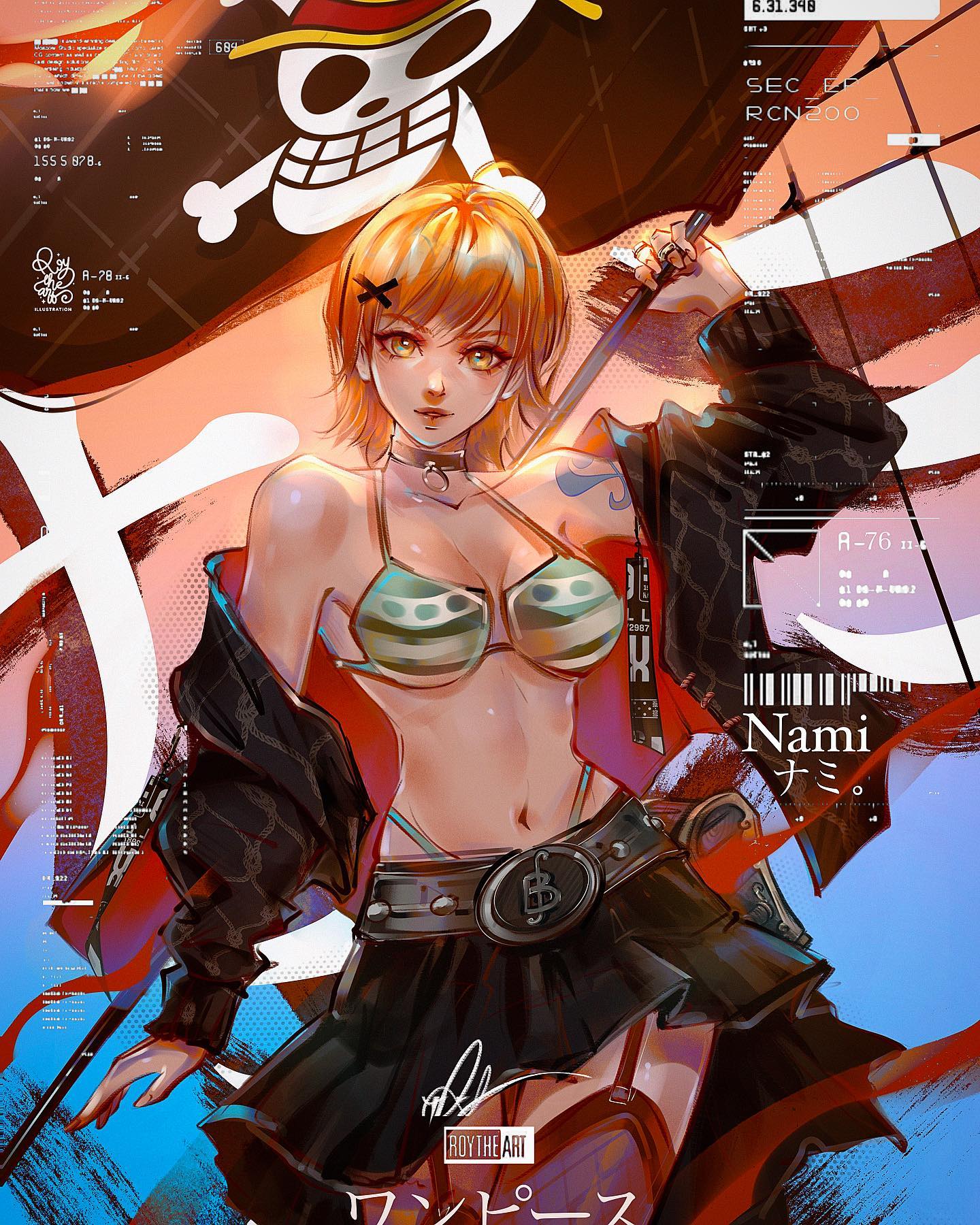 this vibrant digital painting showcases a stylized version of nami from one piece. she's depicted in a modern, almost cyberpunkinspired outfit, blending a bikini top with a dark, edgy skirt and jacket.  the background features the iconic one piece jolly roger flag and futuristic data stream overlays.  the artist's signature, "roy the art," is visible along with japanese text, likely referencing the series title. the overall style is dynamic and visually striking, combining anime aesthetics with contemporary fashion elements. nami's expression is confident and powerful, conveying her strength and personality.
