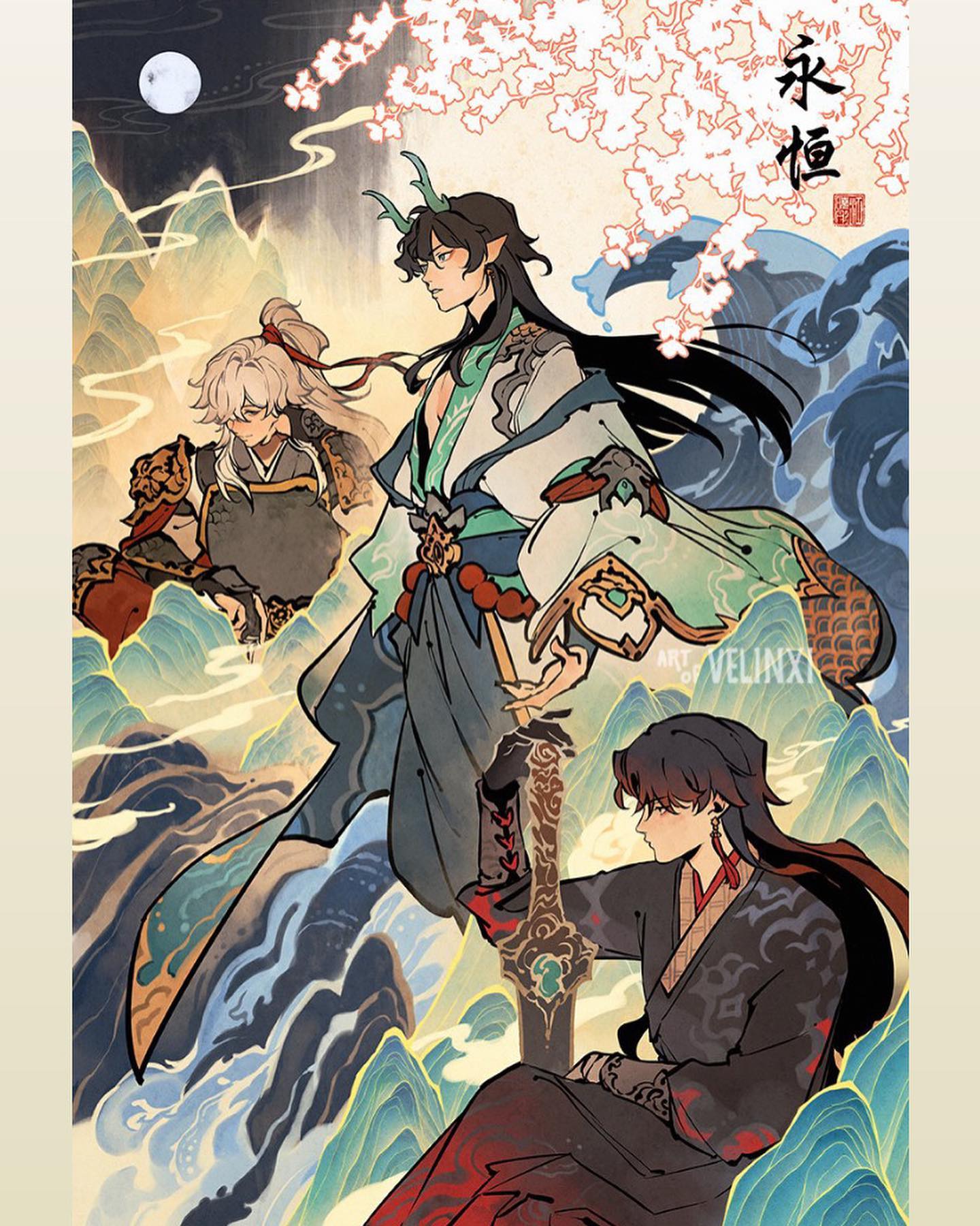 the image is a digital painting that appears to be fanart of the video game genshin impact. it depicts three male characters in traditional east asian clothing posed against a dramatic background of stylized waves, mountains, a full moon, and a cherry blossom tree. the characters' designs are intricate and detailed; their clothing and accessories are ornate and colorful, suggesting high social status. the overall style of the image is reminiscent of traditional japanese or chinese art, particularly ukiyoe prints.  the color palette is rich and varied, with a combination of warm and cool tones. the mood is peaceful yet mystical.  one character holds a large sword. the characters’ expressions and poses communicate a sense of serenity and contemplation. the image is high quality and beautifully rendered.