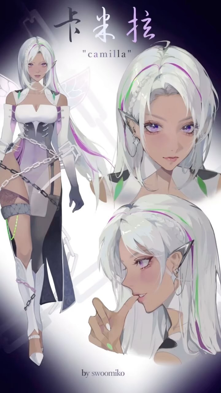 he image features a stylized animestyle female character named camilla, created by the artist swoomiko.  the art showcases camilla in three different poses.  the main illustration depicts her in a fullbody pose, clad in a fantasyinspired outfit with chains, a corsetlike top, and what appear to be fairy wings. two additional closeup shots focus on her head and shoulders, exhibiting slight variations in expression and hairstyle. the character possesses striking features, including white hair with streaks of purple and green, purple eyes, and pointed ears, suggesting an elven or fairylike being. the art style is smooth, with a soft blend of colors and subtle shading to create a dreamy, ethereal atmosphere. the title "camilla" and the artist's signature are prominently displayed.