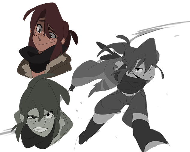 this is an image of three anime characters. one is a girl with brown hair in a scarf looking to the left, another is a girl with brown hair with her back facing the viewer, and the third is a girl with green hair looking to the right. they all have detailed facial features and expressions, and the art style is rough and sketchlike, giving it a dynamic feel.