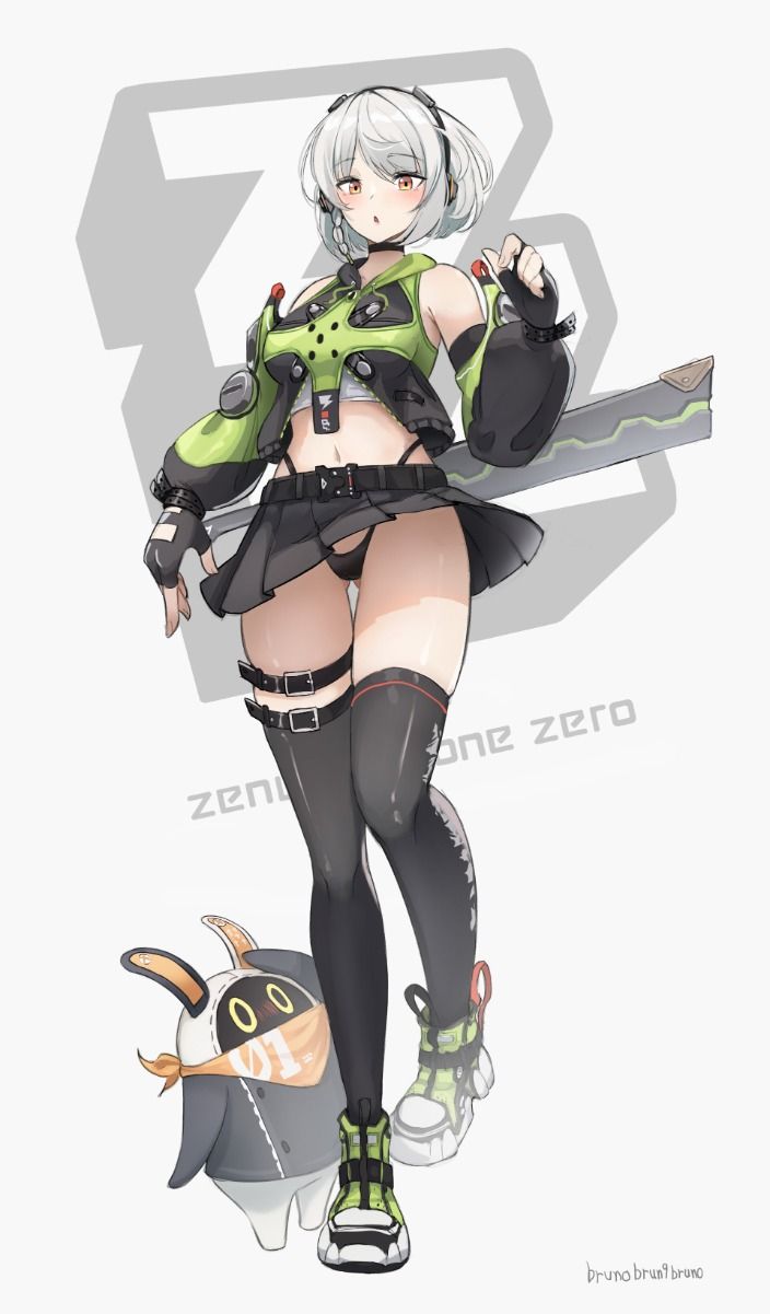 this digital art depicts a young anime girl, with white hair and green eyes, in a casual gamingstyle outfit. she wears a green, black and white jacket over a black top, a black skirt, black tights, and green and black shoes. she is holding a large sword in her hands, and has headphones around her neck. she has a happy expression on her face, and appears confident and stylish. the background has a large "z" symbol, along with the words "zone zero", which is a gaming reference.
