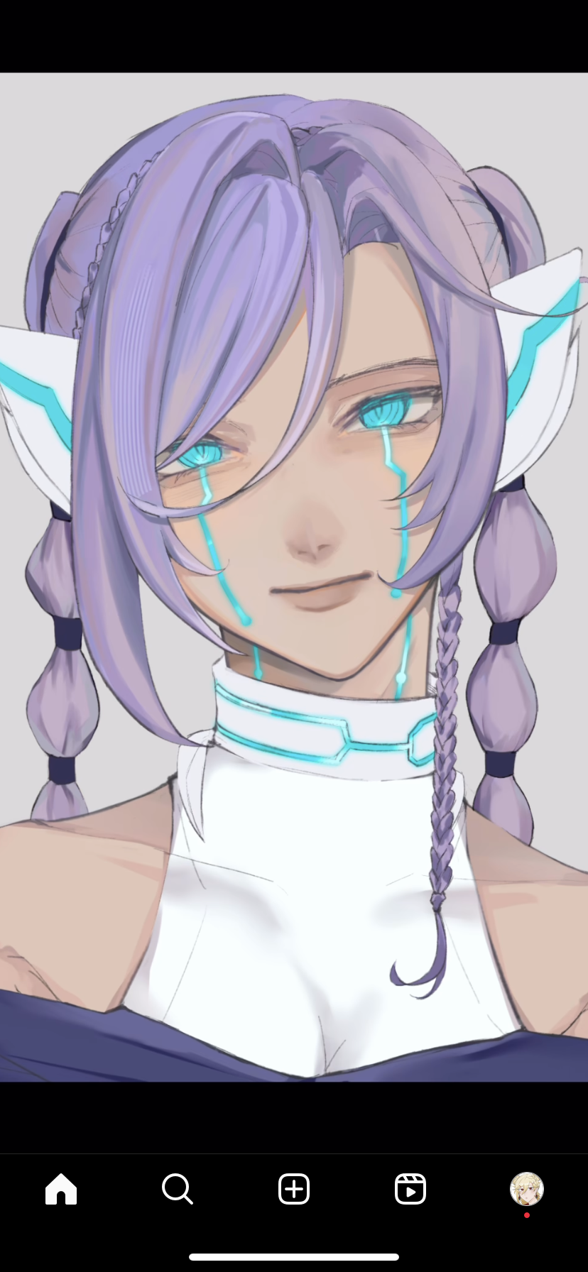 this is a digital drawing of a female character with purple hair styled in twin braids with beaded accents. she has bright blue eyes with glowing blue eyeliner or markings that resemble tears.  she has a slight smirk and appears to be wearing a white sleeveless top with futuristic, light blue accents. the drawing style is reminiscent of anime or manga.
