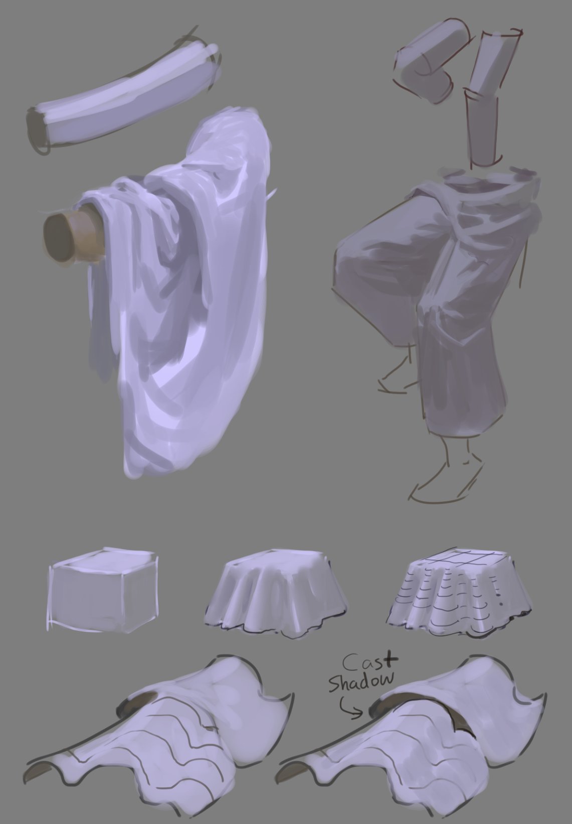 the image shows different ways to drape cloth, with various folds, wrinkles and textures. there are also examples of cast shadow and light on the cloth. the image is done in a sketch style, with soft lines and shading.
