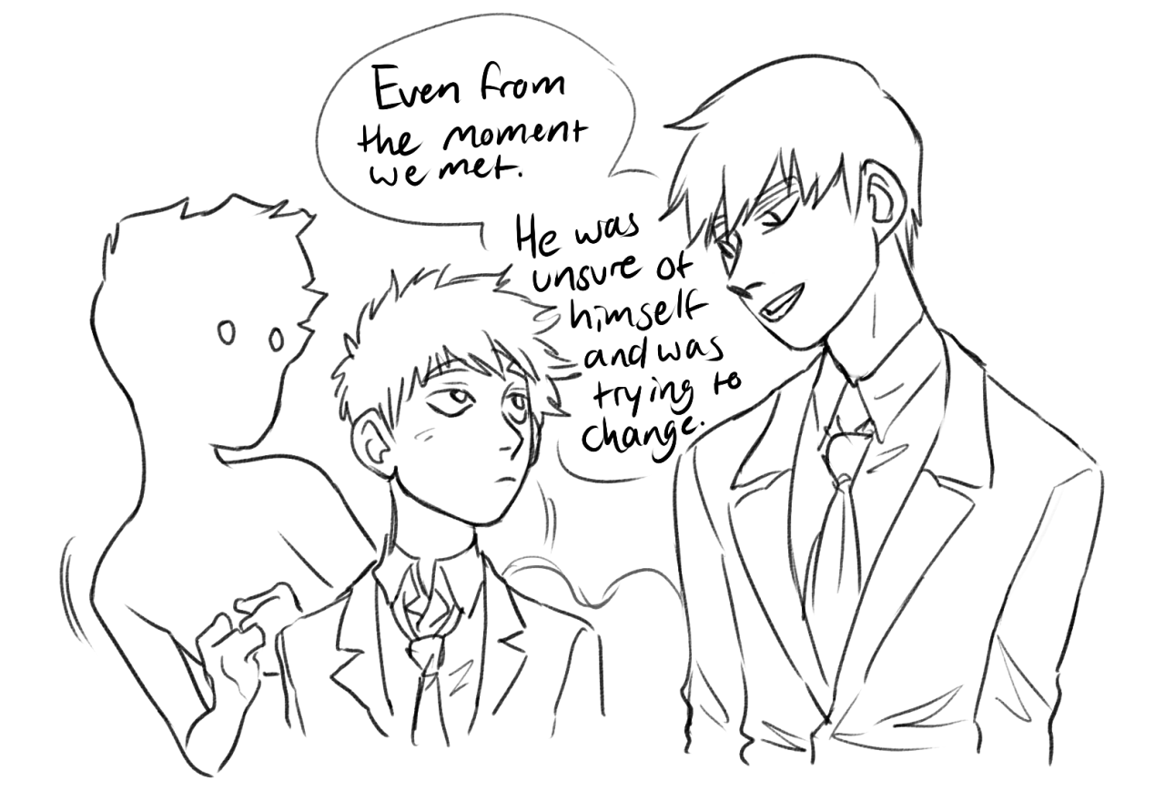 the image shows a black and white sketch of three stylized characters. two are in the foreground engaged in what seems like a tense conversation. one character has his back turned slightly towards the viewer, his expression unreadable. the other has a confident stance with a smirk. speech bubbles reveal their thoughts, indicating a past relationship where one person was insecure and trying to change. a third figure, drawn in a simpler style, stands behind the first character, observing the interaction.