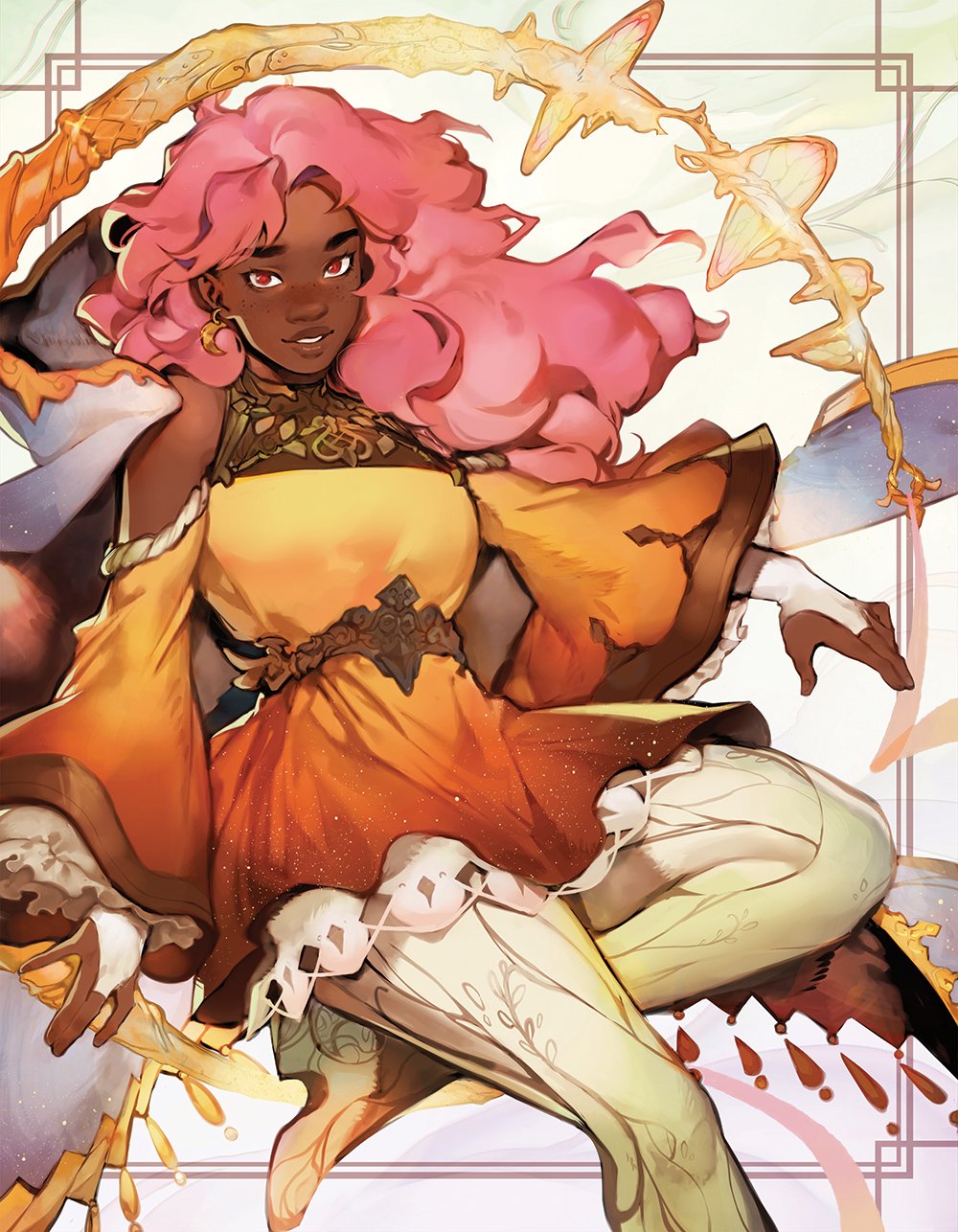 the image is a fullbody illustration of a darkskinned woman with pink, voluminous hair. she has striking red eyes and a confident expression. she is wearing a flowing yellow dress with intricate golden details around the collar and waist. the hem of the dress is a darker orange with white and diamondpatterned frills. her leggings are lightcolored and adorned with vinelike patterns. the background and surrounding her are decorative elements and floating stars, which adds to the fantasy and whimsical feel of the artwork. the style is reminiscent of manga with detailed linework and vibrant colors. she is posed dynamically, suggesting movement or action.