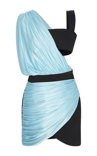 a oneshoulder mini dress with a black bodice and a draped, light blue skirt.